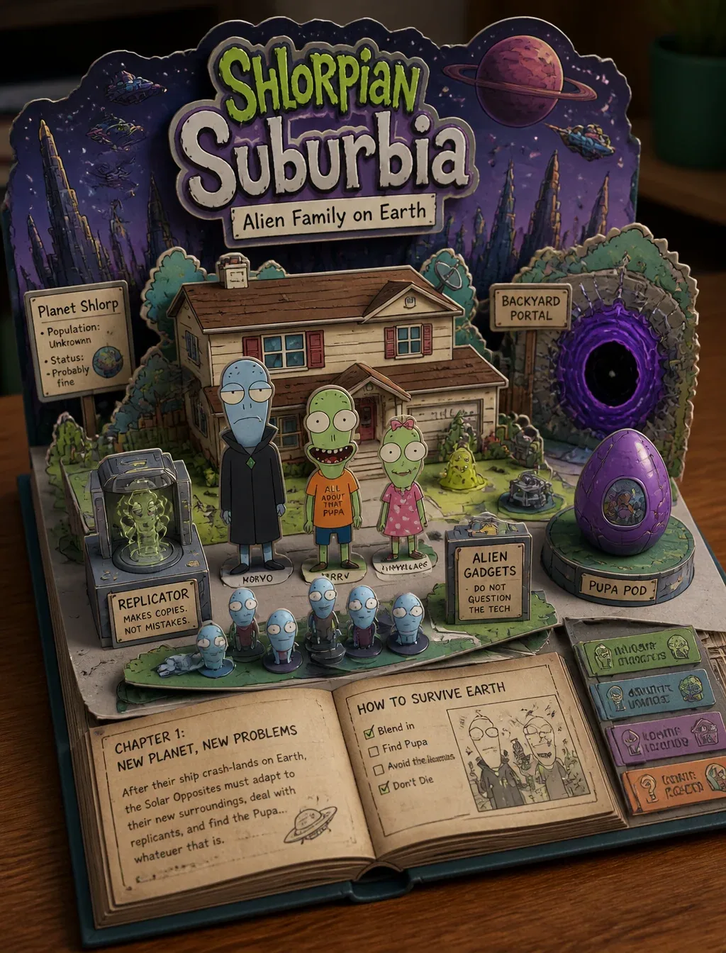 Create a Solar Opposites-themed 3D pop-up papercraft storybook diorama on wooden table, elevated angle. Title… - AI提示词参考图，来自西西提示词