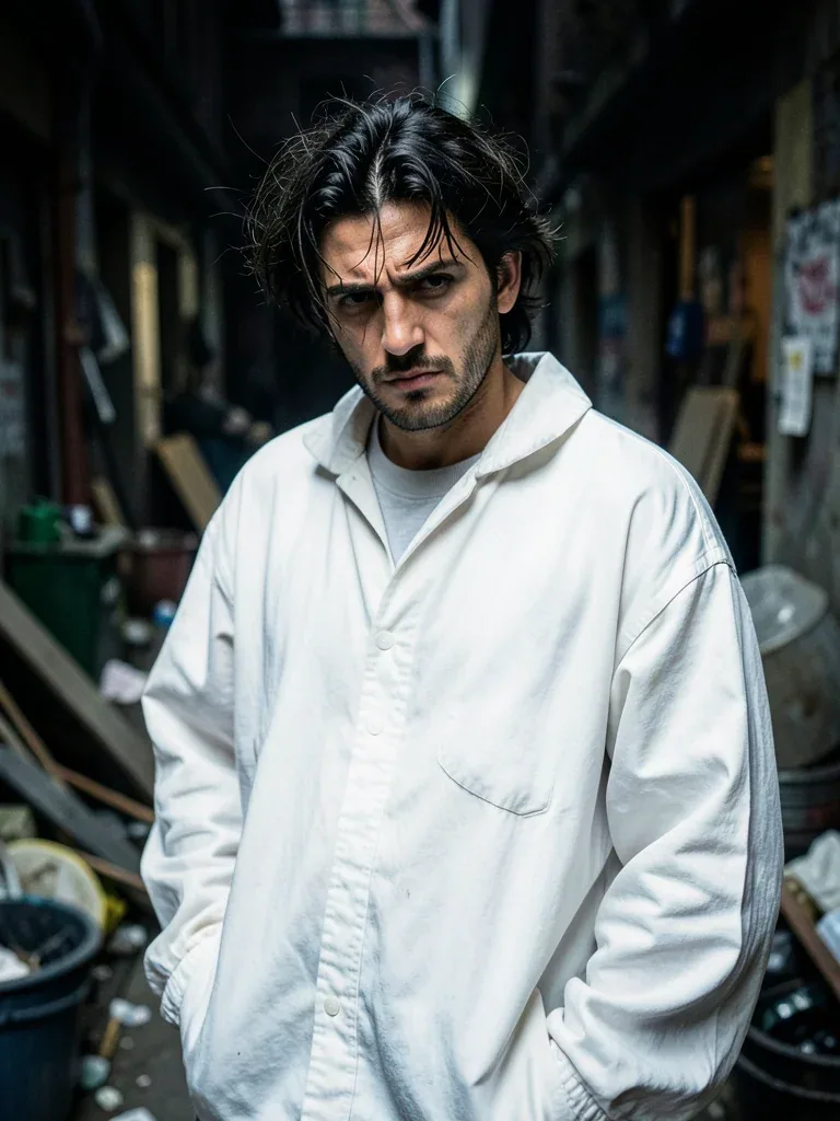 A high-detail photograph of a defiant man posing nonchalantly. he has a messy aesthetic, wearing oversized wh… - AI提示词参考图，来自西西提示词