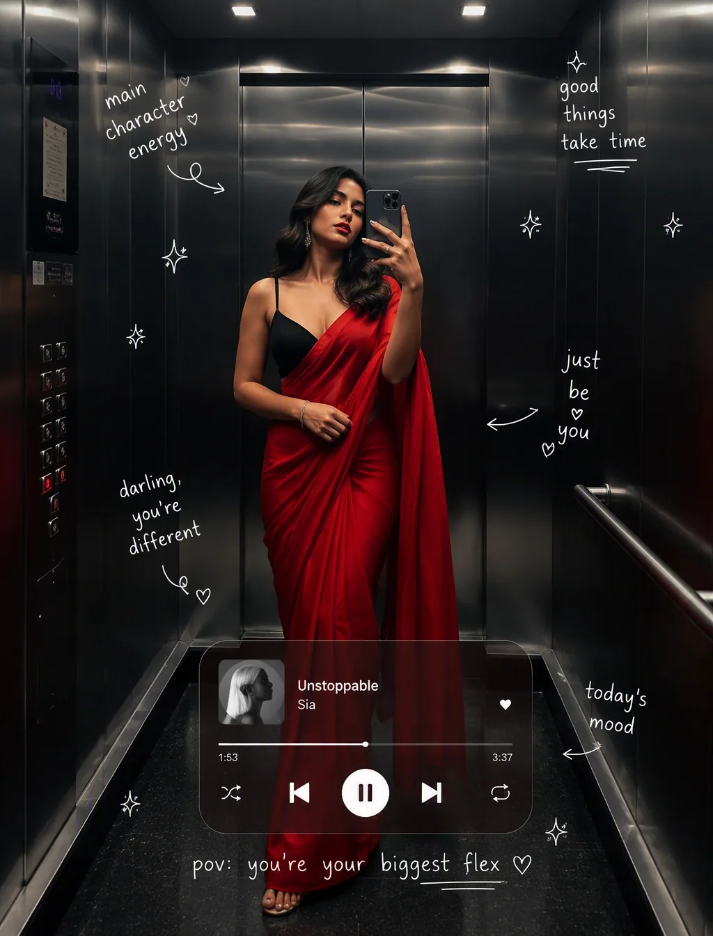 A confident young woman photographs herself in a mirrored elevator, wearing a vivid draped red sari over a sl… - AI提示词参考图，来自西西提示词
