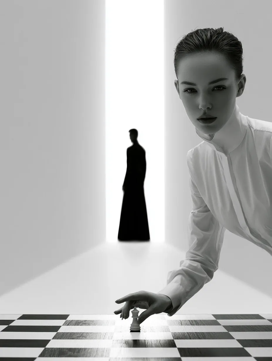 A contemplative woman in a crisp white high-collar shirt sits in the foreground, poised to move a miniature f… - AI提示词参考图，来自西西提示词