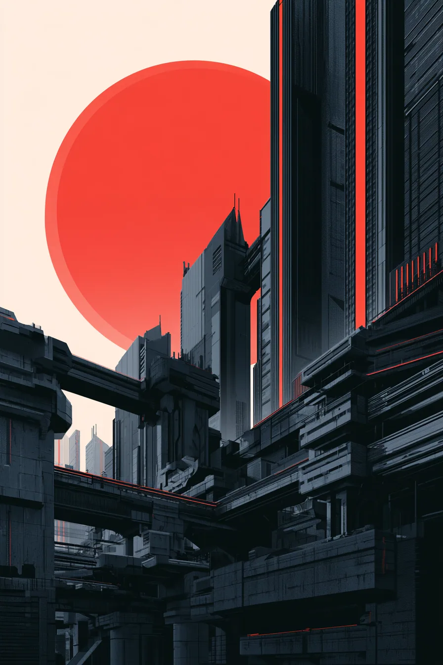 A stark, graphic illustration depicts a futuristic cityscape dominated by a large, solid red circle in the ba… - AI提示词参考图，来自西西提示词