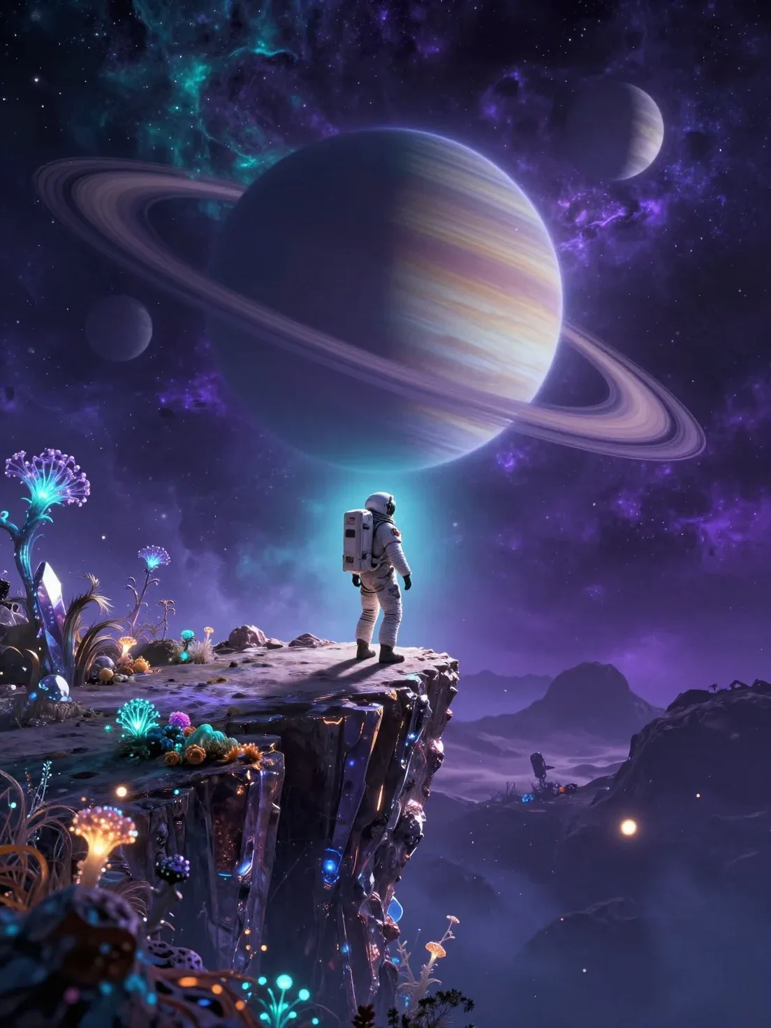 Epic sci-fi concept art of a lone astronaut standing on the edge of a glowing crystalline cliff on an alien p… - AI提示词参考图，来自西西提示词