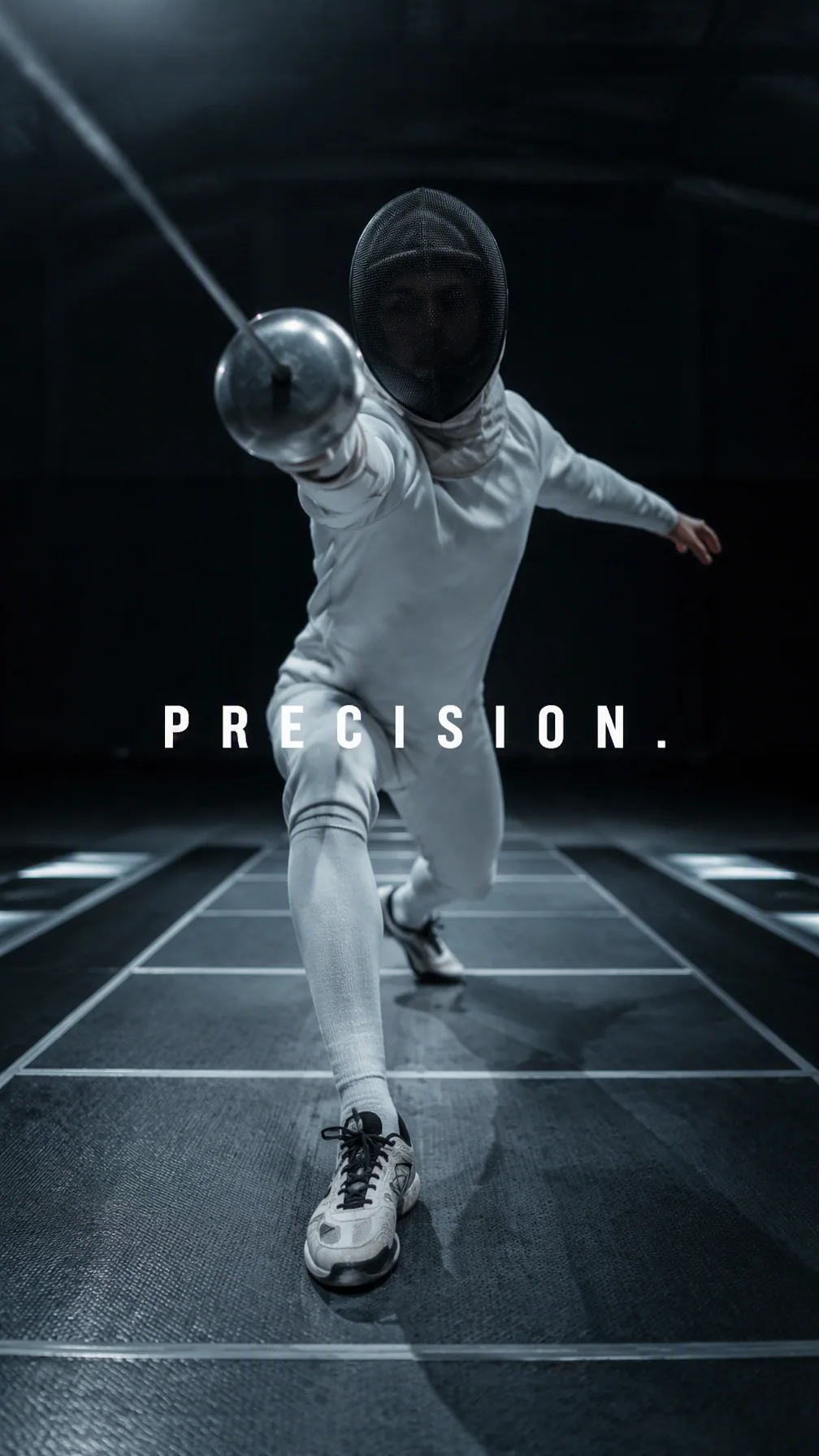 Create a premium 9:16 sports editorial poster.Main Subject: Young male fencer wearing a modern white fencing … - AI提示词参考图，来自西西提示词