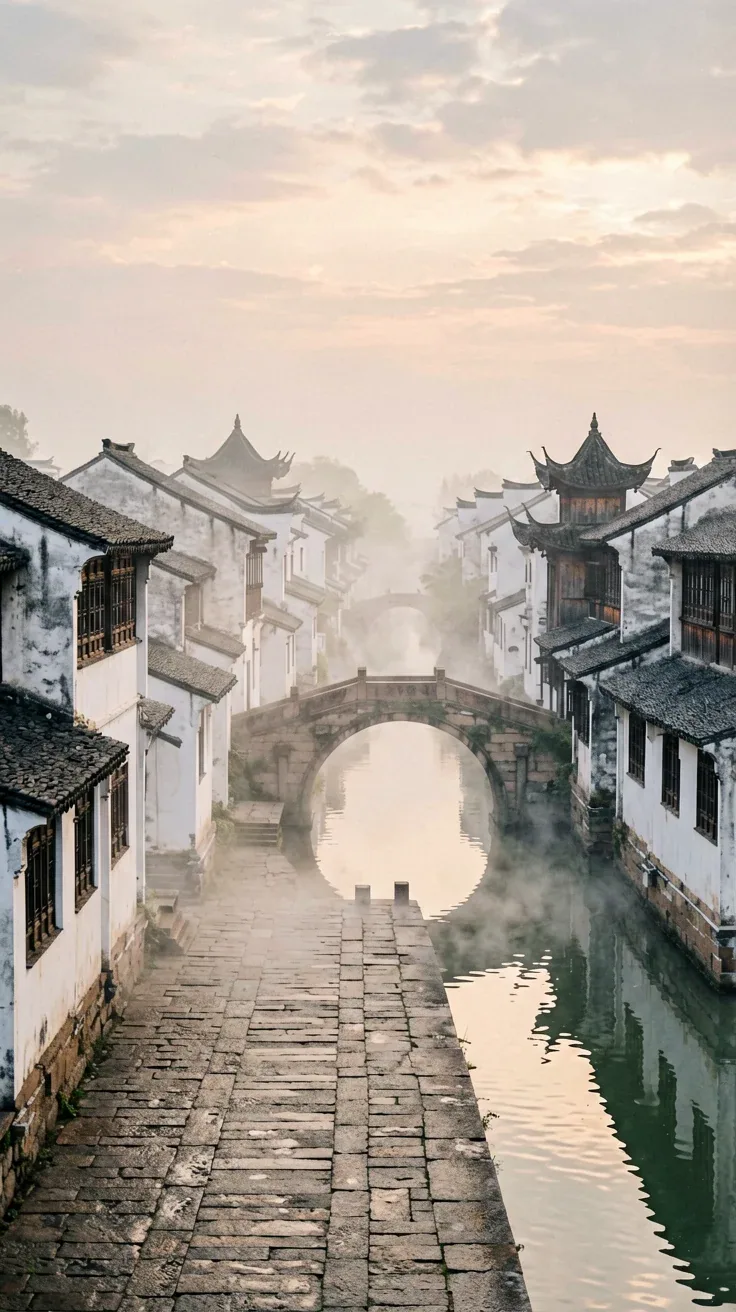 Xitang Ancient Town at dawn is shrouded in a layer of soft and translucent mist, with a faint haze of moistur… - AI prompt reference from CC Prompt Galaxy