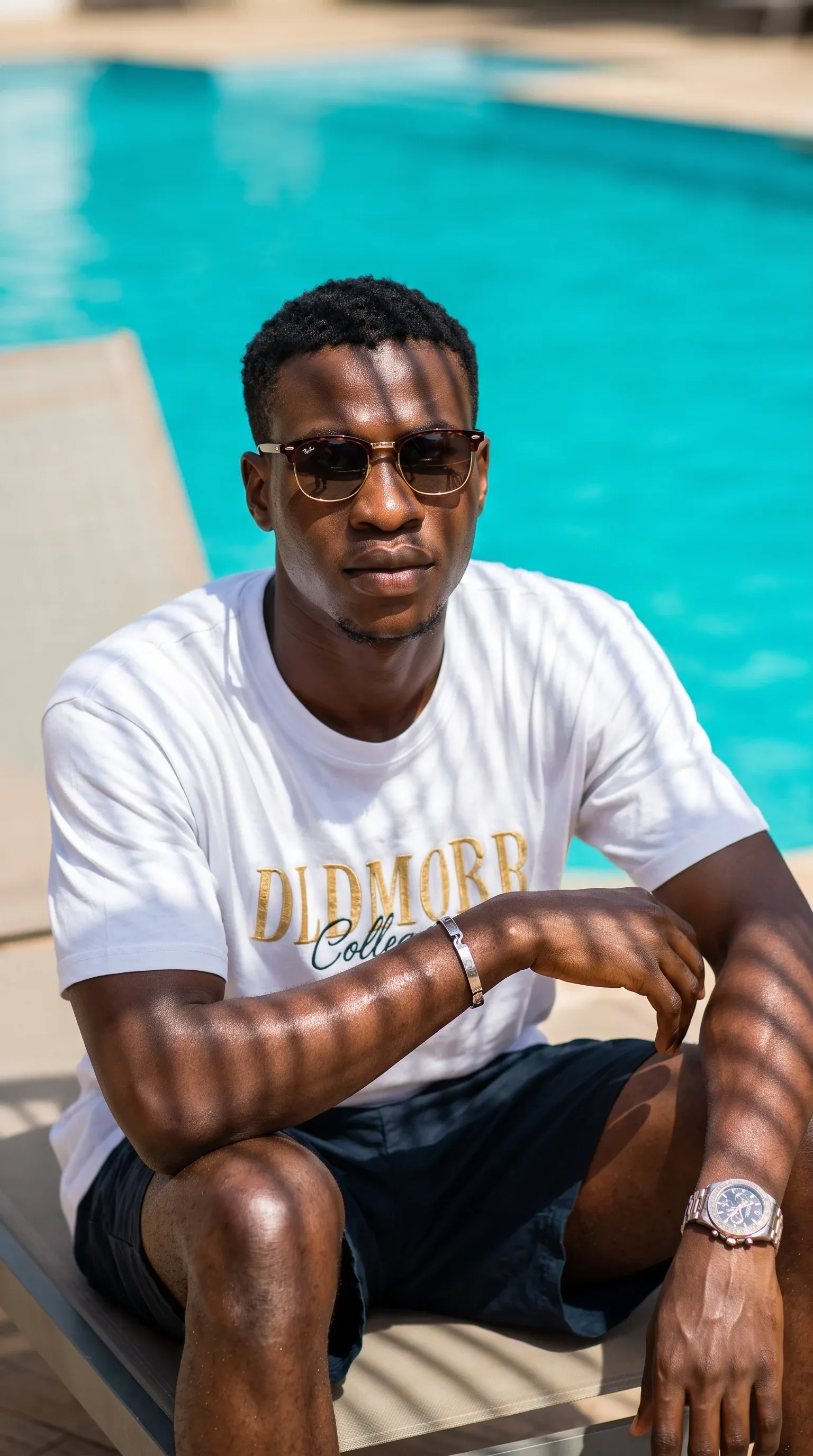 A young Black man sits on a poolside lounge chair, wearing a crisp white graphic t-shirt with gold lettering … - AI提示词参考图，来自西西提示词