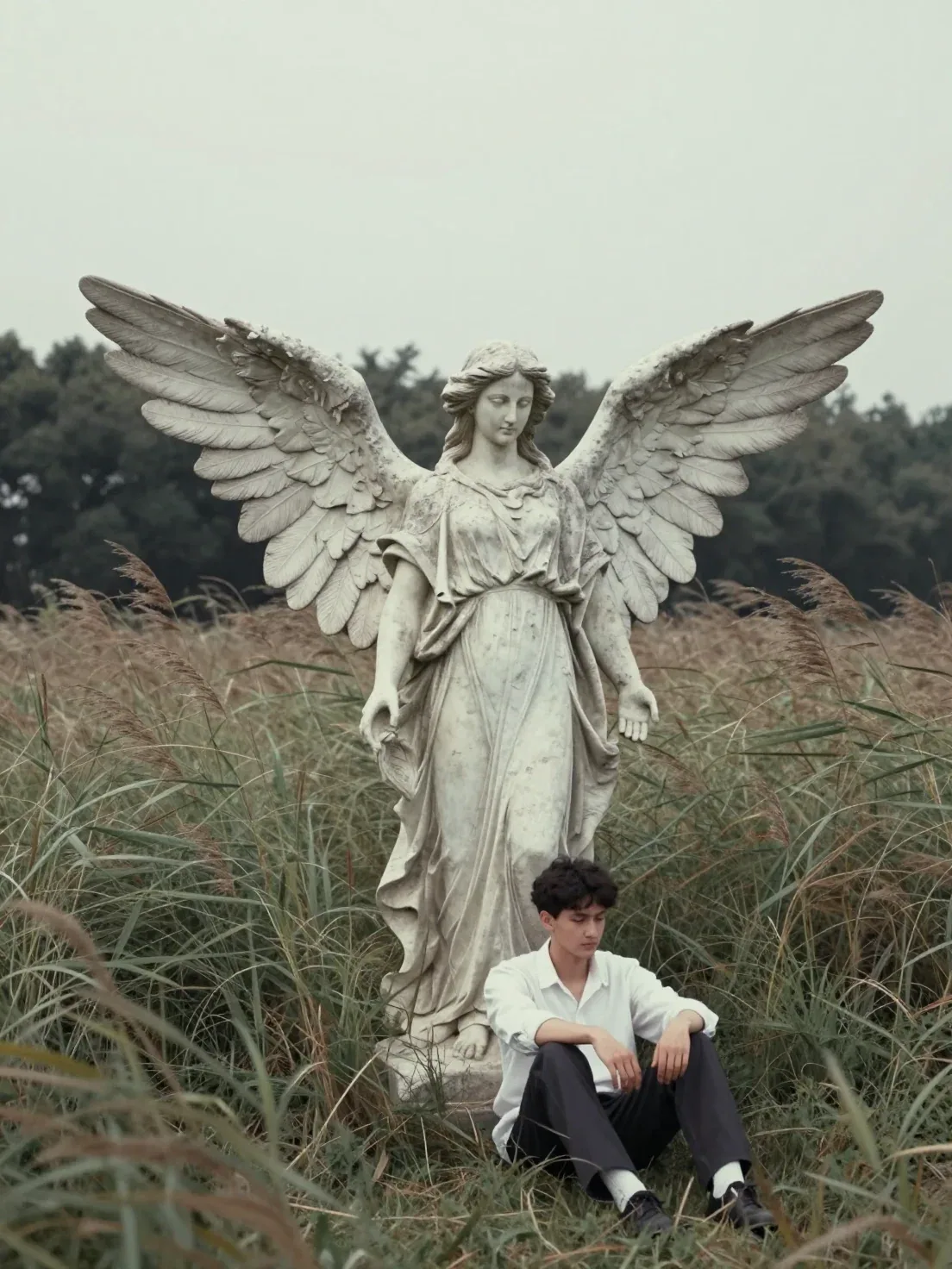 A weathered stone angelic figure stands rigidly in tall, wind-stirred grass, enormous feathered wings extendi… - AI提示词参考图，来自西西提示词