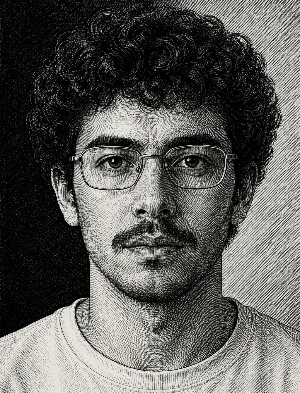 A tightly framed frontal portrait of a young man with dense curly hair, thin metal-rimmed rectangular glasses… - AI提示词参考图，来自西西提示词