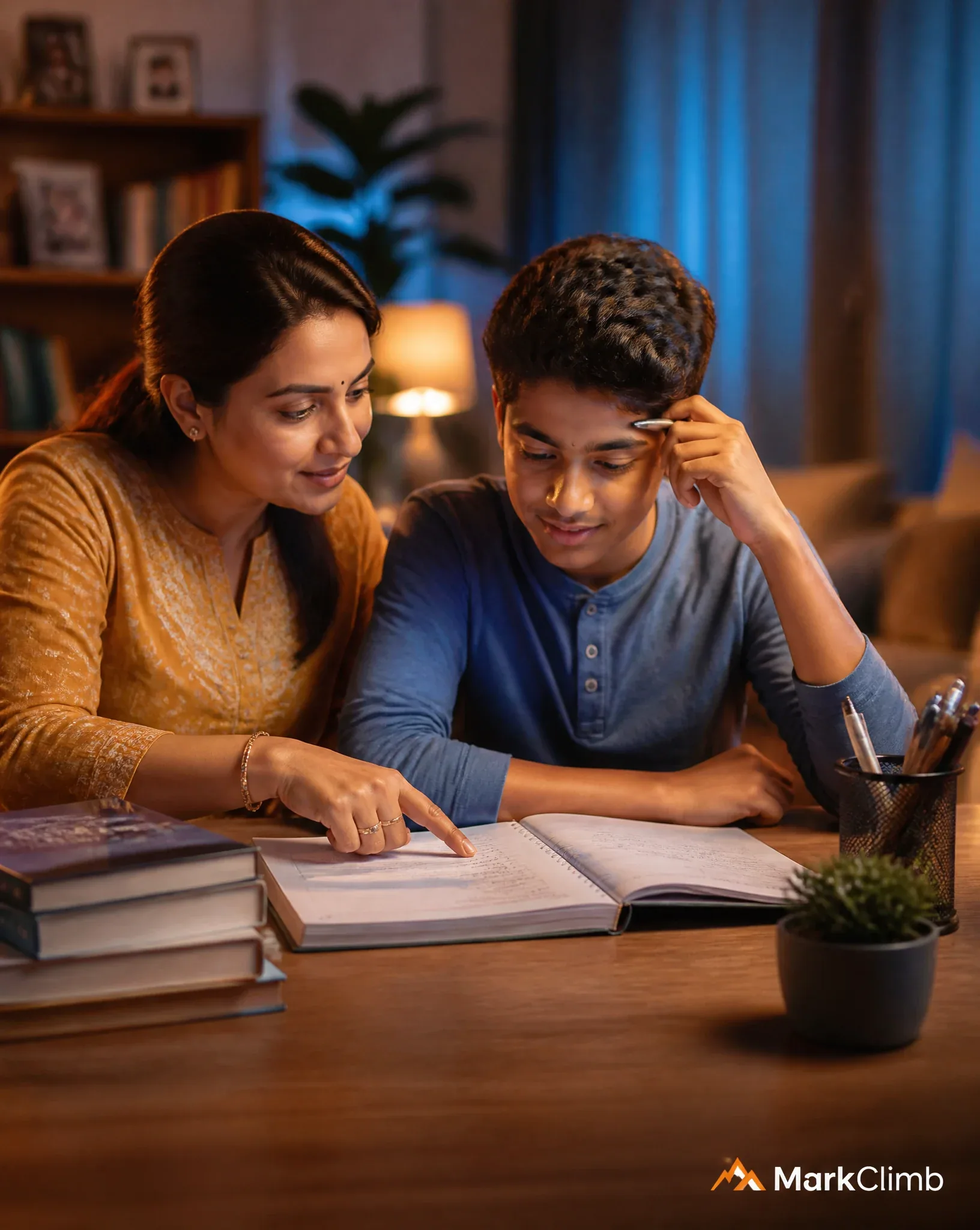 A warm, well-lit Indian living room. A mother sitting beside her child (Class 8-9 age) at a study table, gent… - AI提示词参考图，来自西西提示词