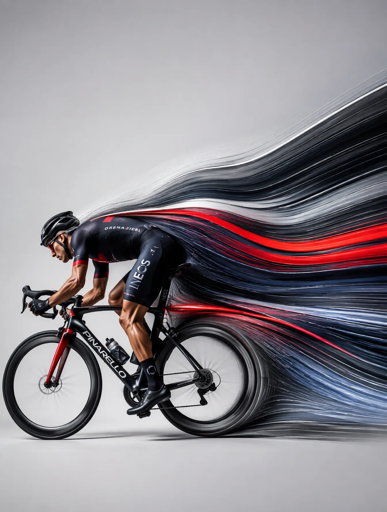 A professional road cyclist in an aggressive aerodynamic racingposition, riding a modern carbon road bike on … - AI prompt reference from CC Prompt Galaxy