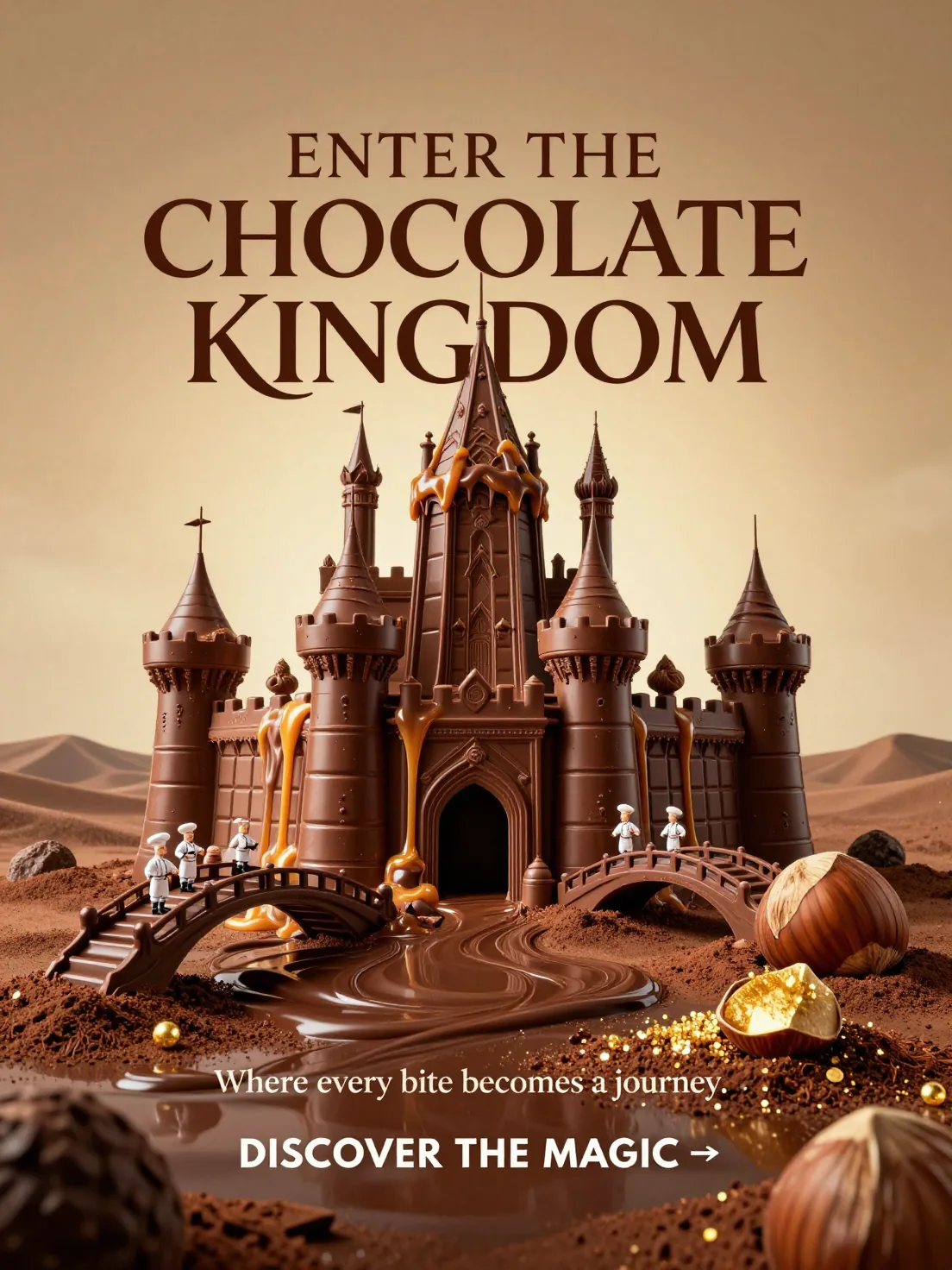 l Chocolate — “ENTER THE CHOCOLATE KINGDOM” Create a breathtaking premium chocolate advertising poster featur… - AI prompt reference from CC Prompt Galaxy