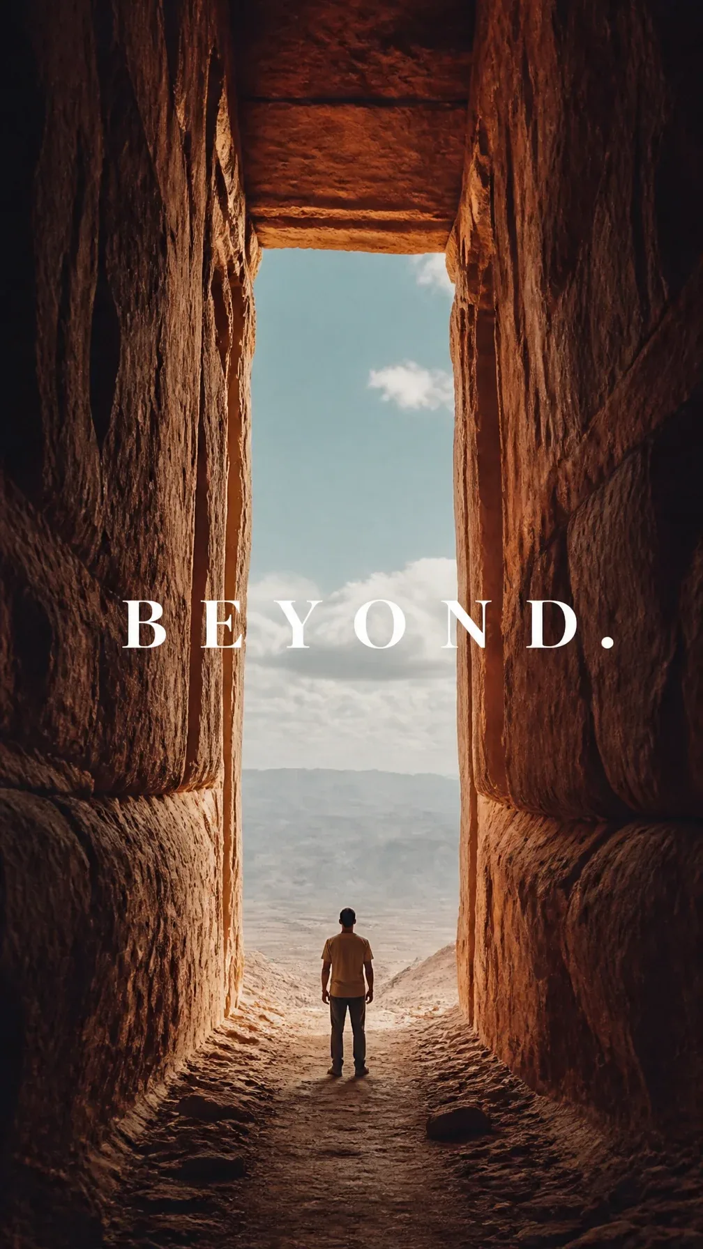Premium editorial campaign. Main Subject: Young man standing inside a monumental canyon tunnel carved through… - AI提示词参考图，来自西西提示词