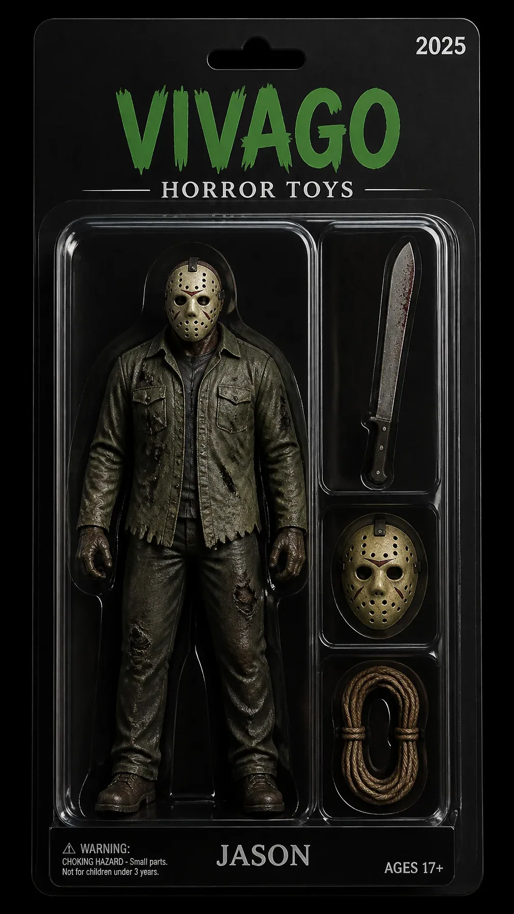 A premium collectible action figure of Jason from horror movies, standing in a menacing pose, encased in a sl… - AI提示词参考图，来自西西提示词