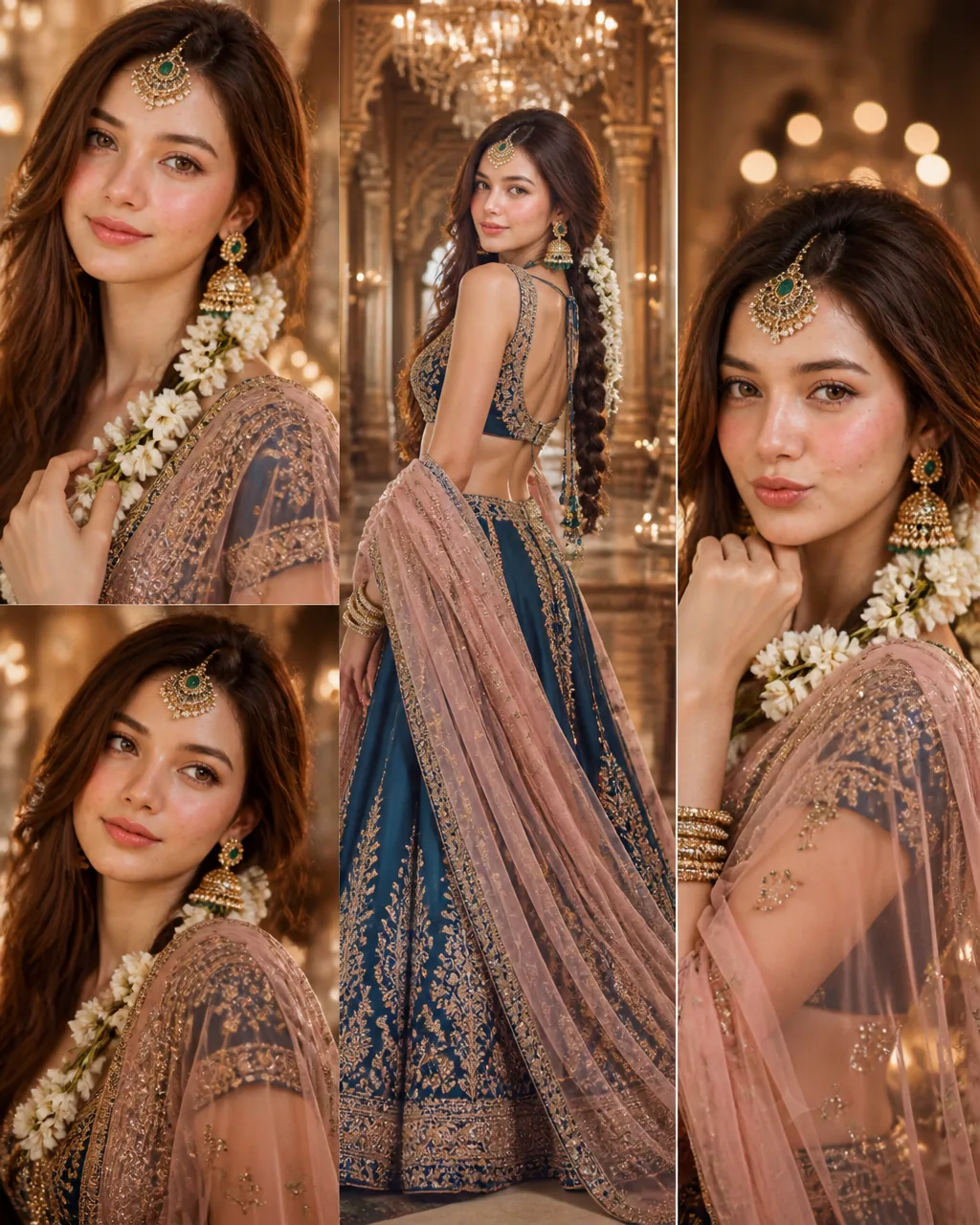 [image1] Ultra-realistic cinematic royal portrait collage featuring the same young South Asian woman from the… - AI提示词参考图，来自西西提示词