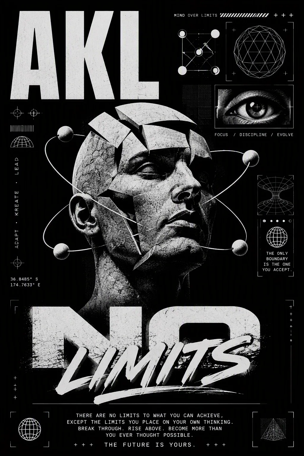 A black and white, high-contrast graphic design features a stylized, fragmented human head as the central ele… - AI提示词参考图，来自西西提示词
