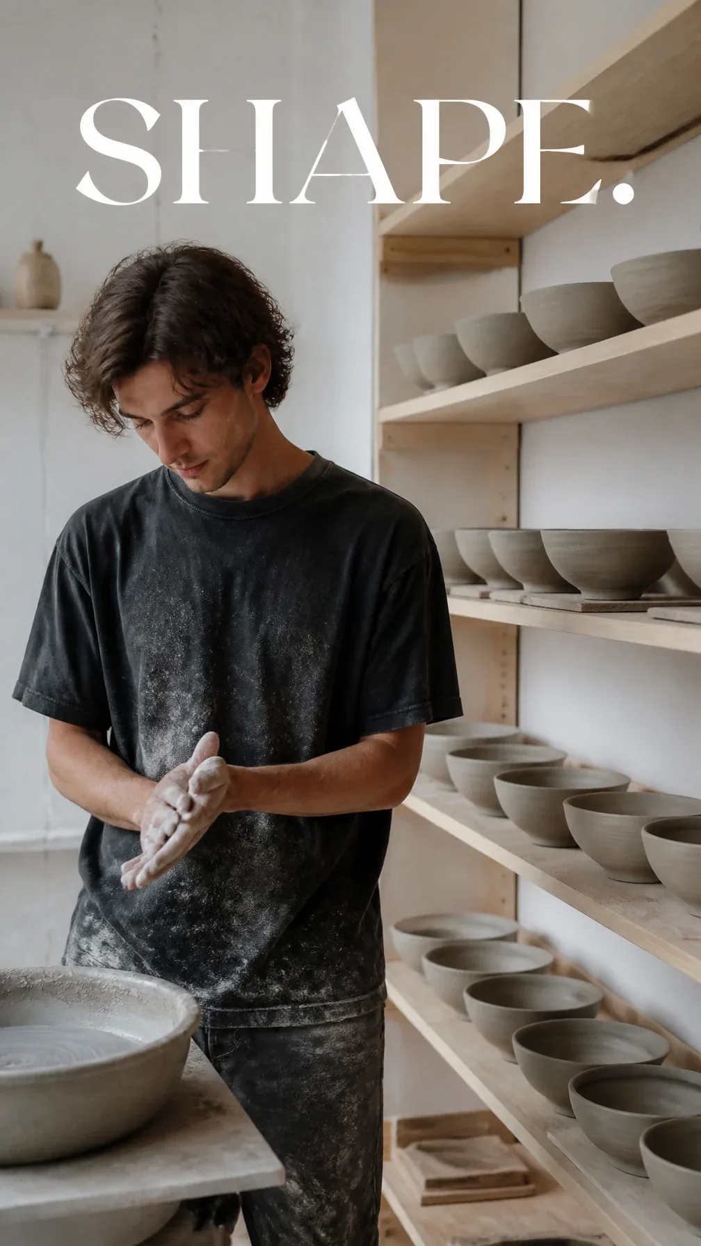 Premium editorial lifestyle campaign. Main Subject: Young ceramic artist inside a minimalist pottery studio. … - AI提示词参考图，来自西西提示词
