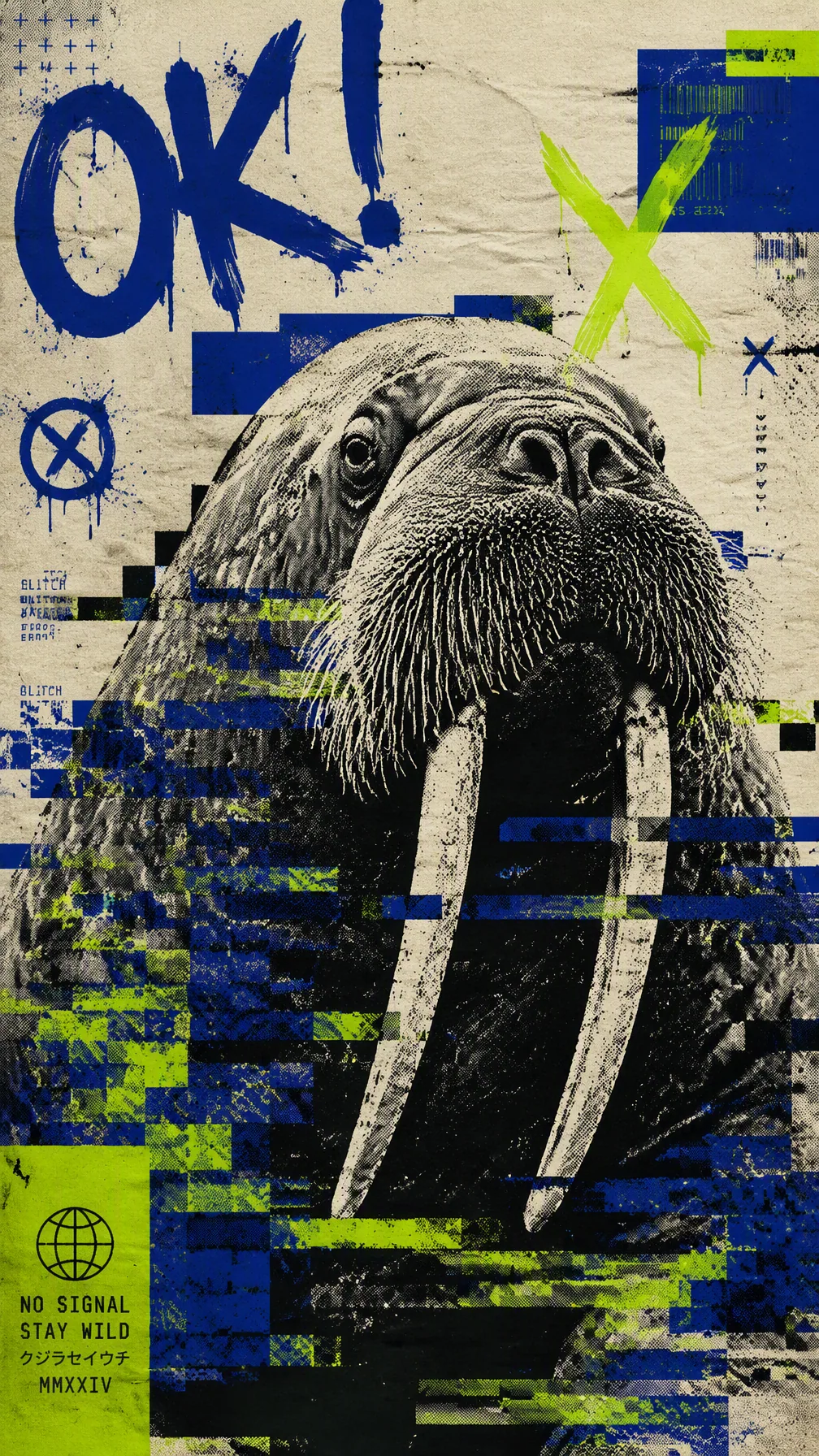 A dynamic wallpaper. A high-contrast halftone image of a walrus is segmented by chaotic, digital glitch lines… - AI prompt reference from CC Prompt Galaxy