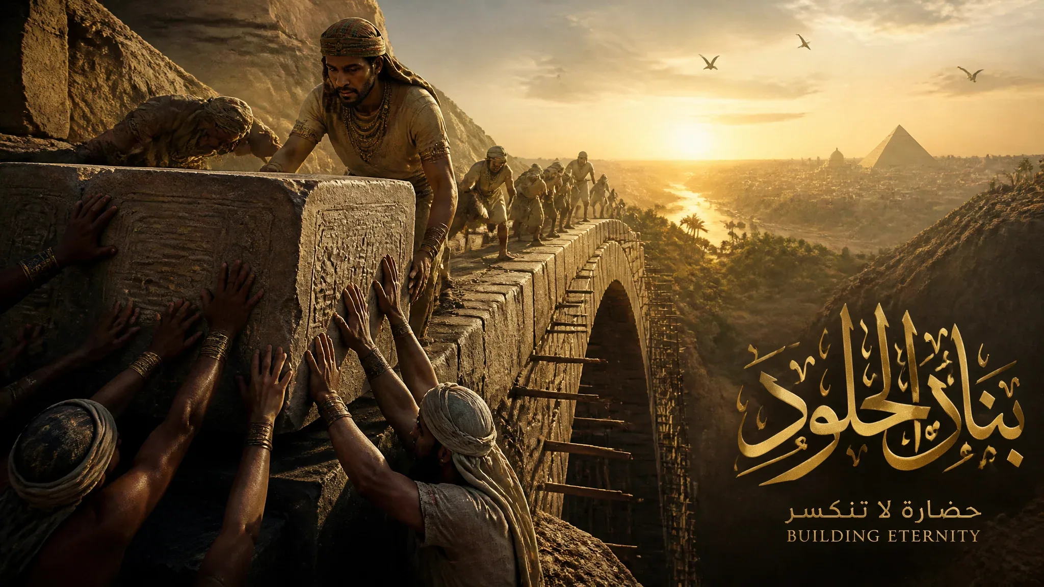 Ultra-realistic cinematic masterpiece.An ancient stone bridge spanning a deep valley.Many different hands wea… - AI提示词参考图，来自西西提示词