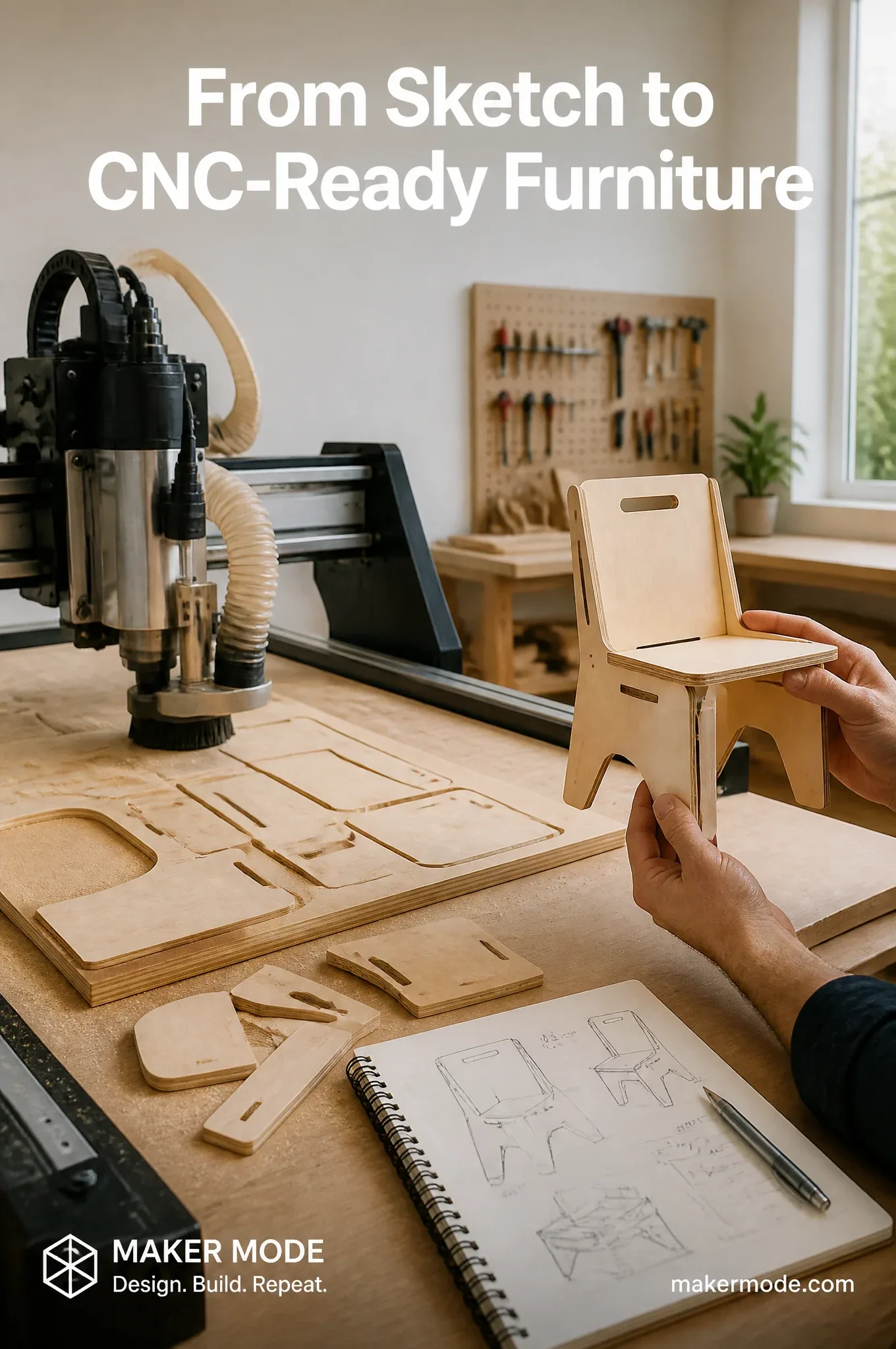 2:3 aspect ratio. A modern woodworking workshop with a CNC router carving plywood parts on the left. On the r… - AI提示词参考图，来自西西提示词