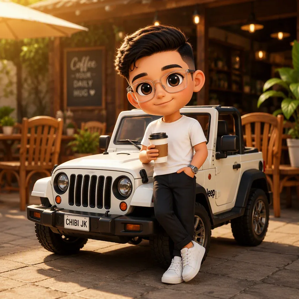 A cute 3D chibi-style character leaning against a parked mini chibi Jeep, wearing a clean monochrome outfit: … - AI提示词参考图，来自西西提示词