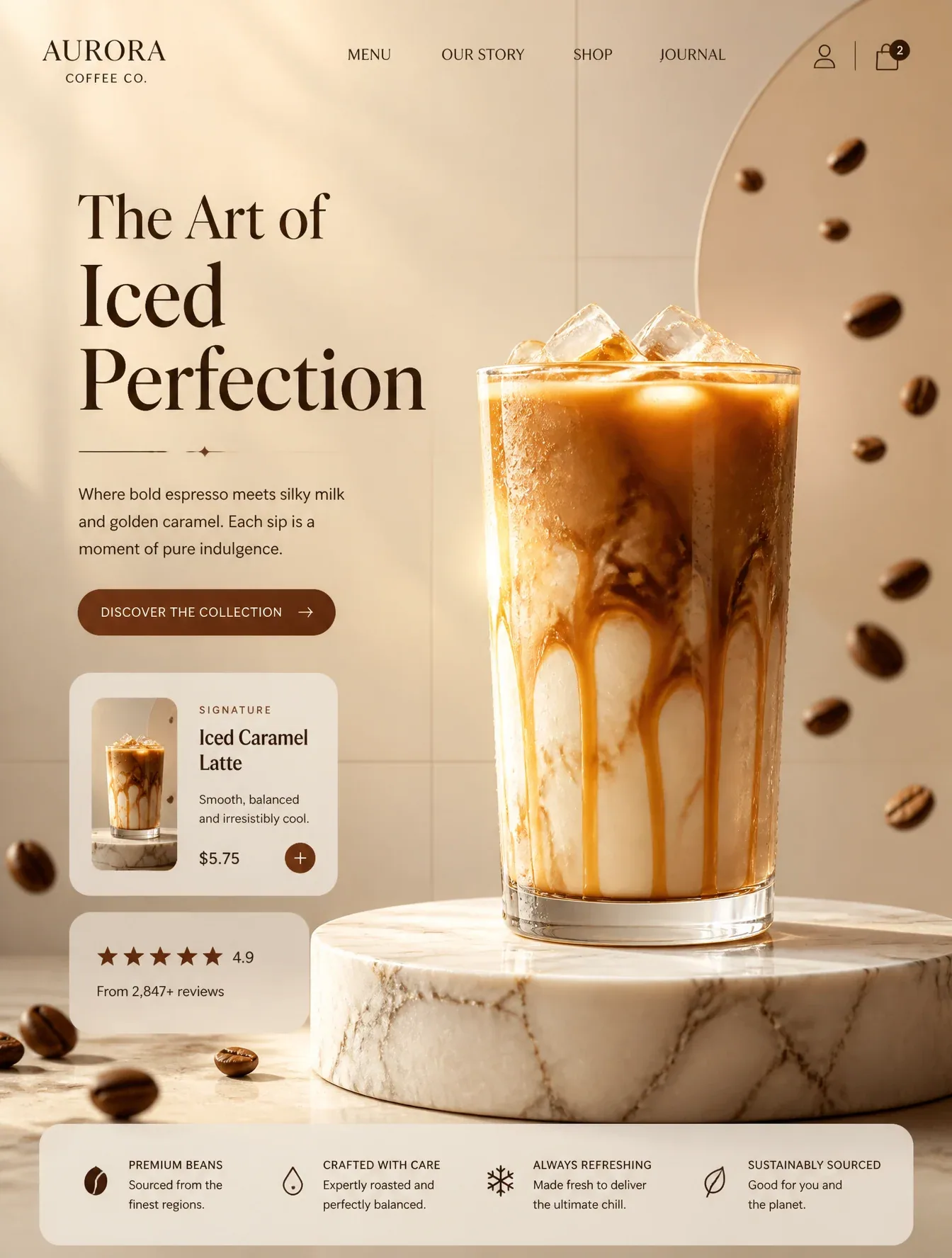 A premium iced caramel latte stands in the foreground on a thick white-veined marble pedestal, its transparen… - AI提示词参考图，来自西西提示词