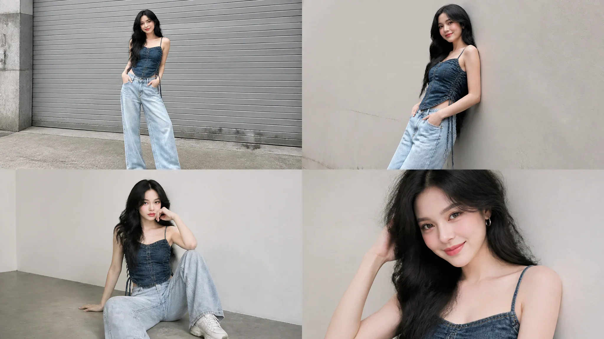 Subject & Action A series of four editorial fashion portraits featuring a beautiful female model in her early… - AI提示词参考图，来自西西提示词