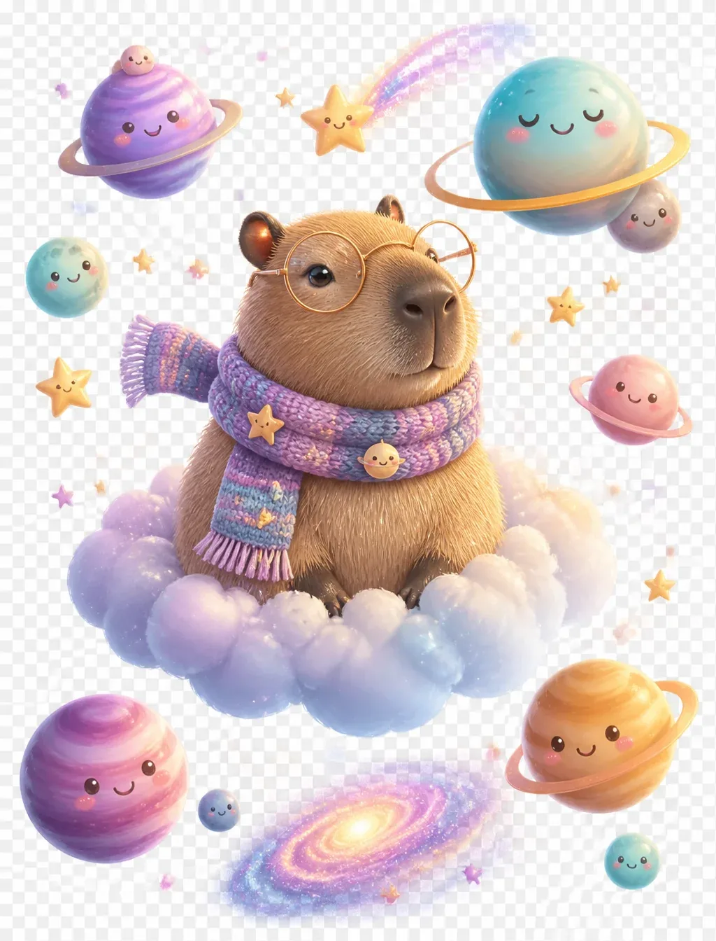 Adorable capybara floating through space on a tiny cloud, wearing a knitted scarf and round glasses, surround… - AI提示词参考图，来自西西提示词