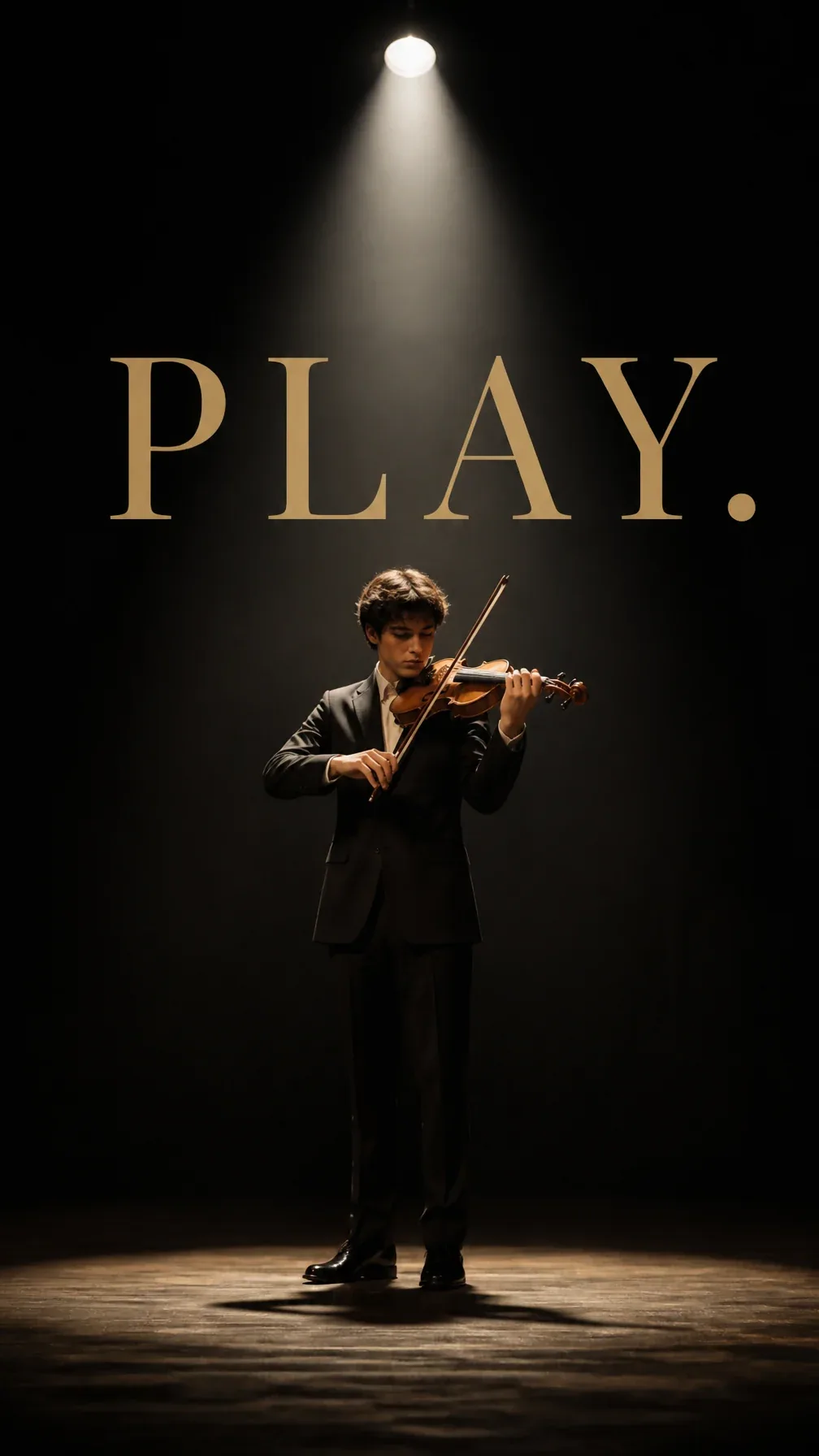 Premium editorial.Main Subject: Young violinist standing alone on theater stage.Single spotlight.Typography: … - AI提示词参考图，来自西西提示词