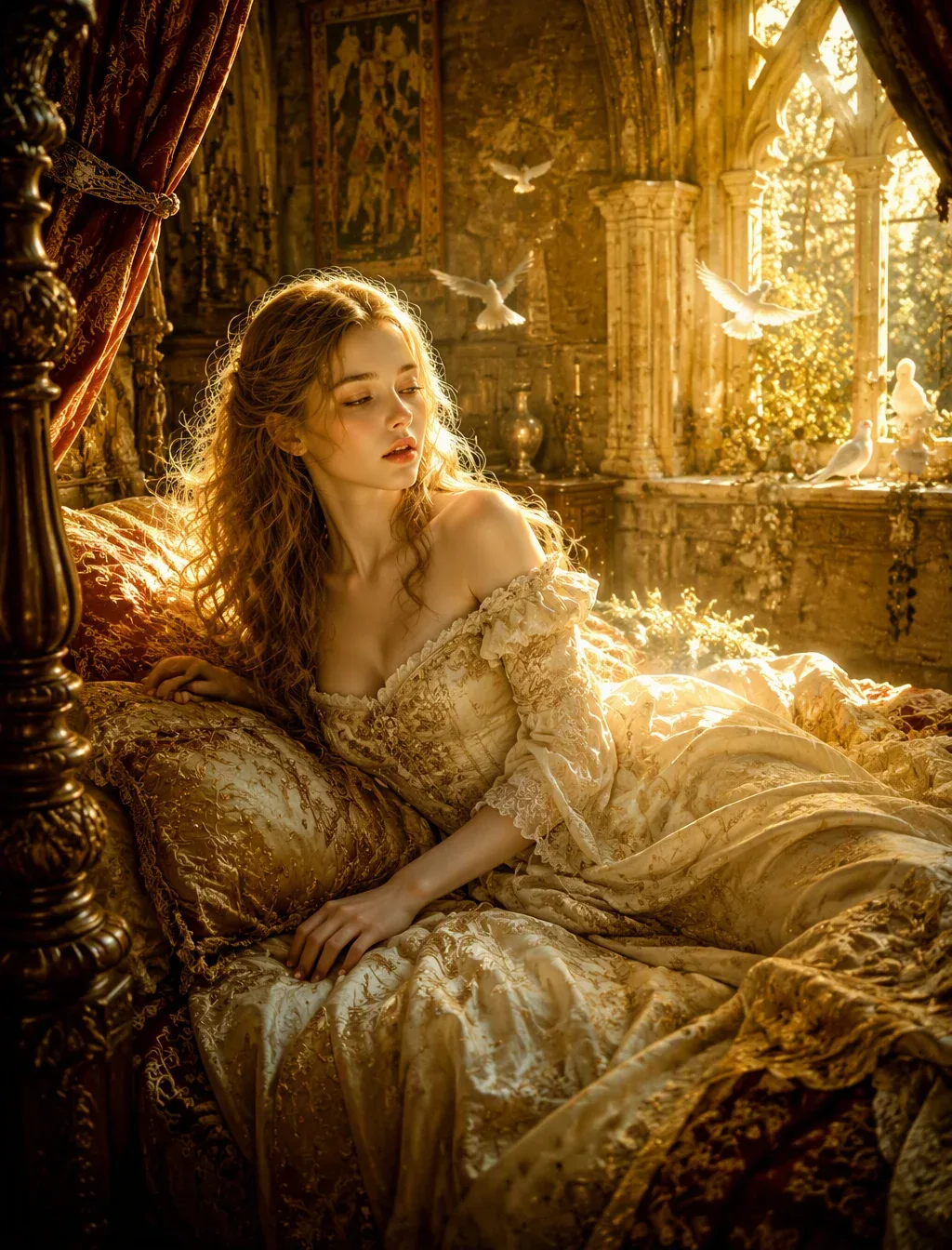Create a hyper-realistic fairy tale scene capturing the magical moment of awakening from an enchanted sleep, … - AI提示词参考图，来自西西提示词
