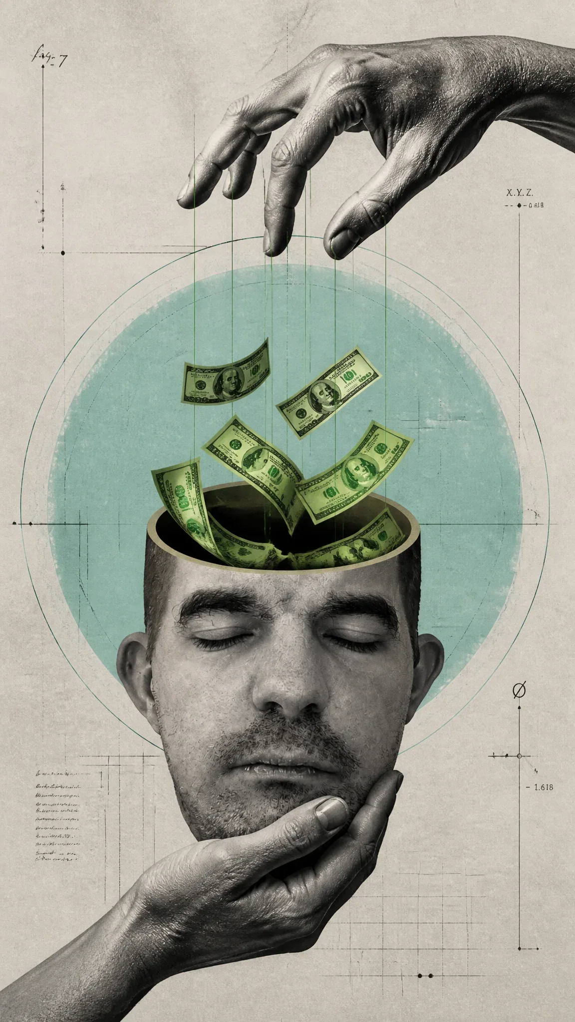 A surrealist digital collage depicts a human head with the cranium removed, revealing a hollow interior where… - AI prompt reference from CC Prompt Galaxy