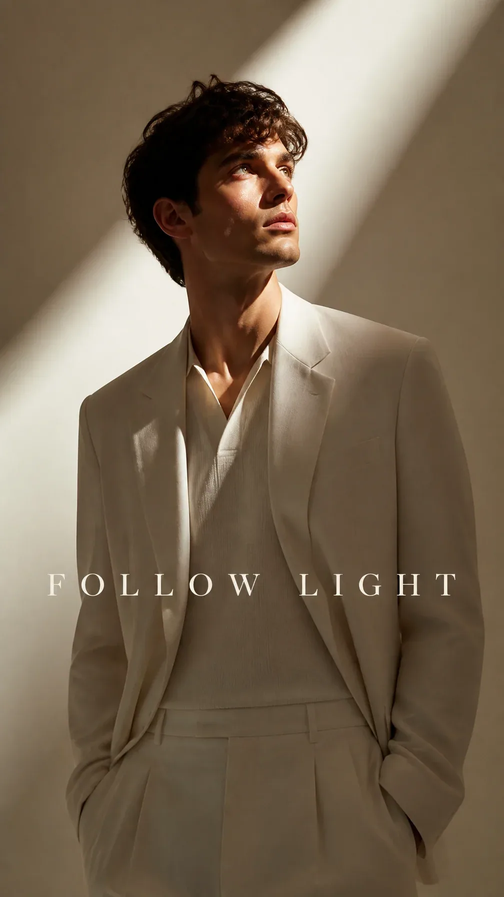 Luxury contemporary menswear campaign. Main Subject: Young male model wearing a clean ivory outfit. Creative … - AI prompt reference from CC Prompt Galaxy