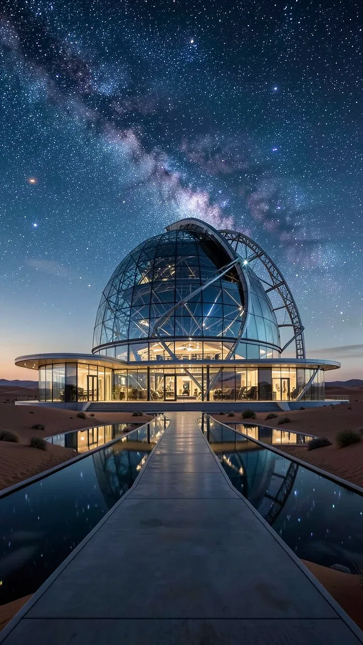 Ultra realistic luxury astronomical observatory in the middle of a desert. Modern glass architecture, reflect… - AI prompt reference from CC Prompt Galaxy