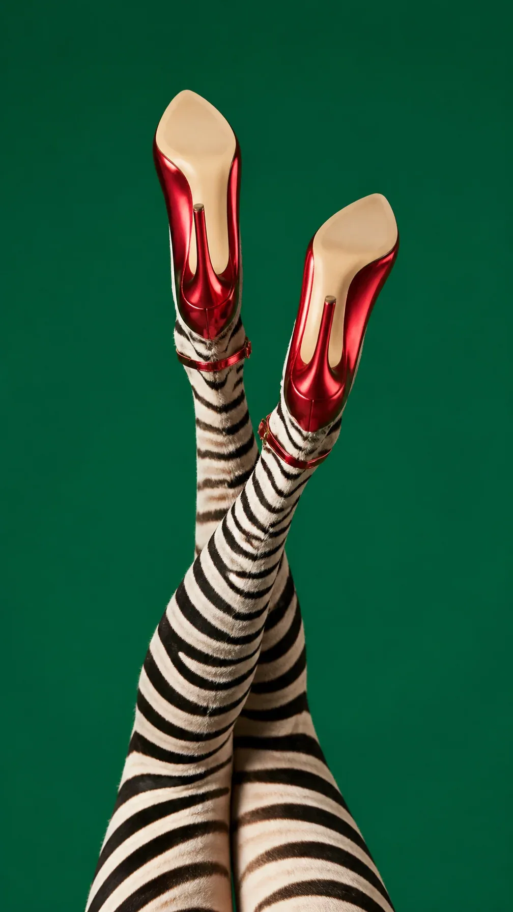 Surreal fashion photograph of a zebra’s legs raised high against a solid green background. The zebra has real… - AI提示词参考图，来自西西提示词