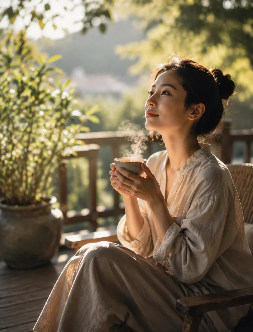 一个充满温暖与宁静的电影感场景。一位神情平和的女性正坐在阳光斑驳的露台上，手里捧着一杯冒着热气的清茶，细微的蒸汽在柔和的晨光中缓缓升起。她抬头凝视着远方，眼神中流露出对生活点滴的感恩与满足，整个人沉浸在当下宁静的时刻。… - AI prompt reference from CC Prompt Galaxy