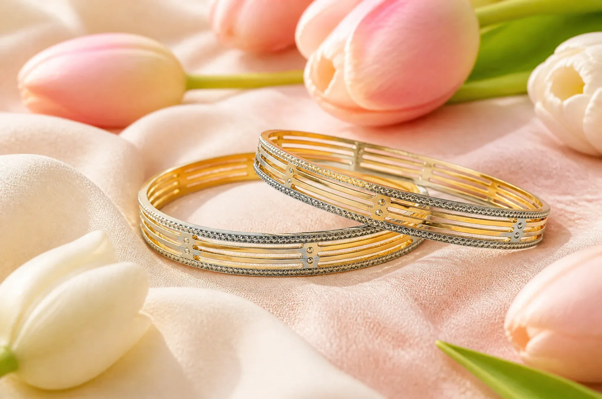 Subject and Composition A premium Neerva bracelet displayed centrally on a textured surface of soft pastel pi… - AI提示词参考图，来自西西提示词