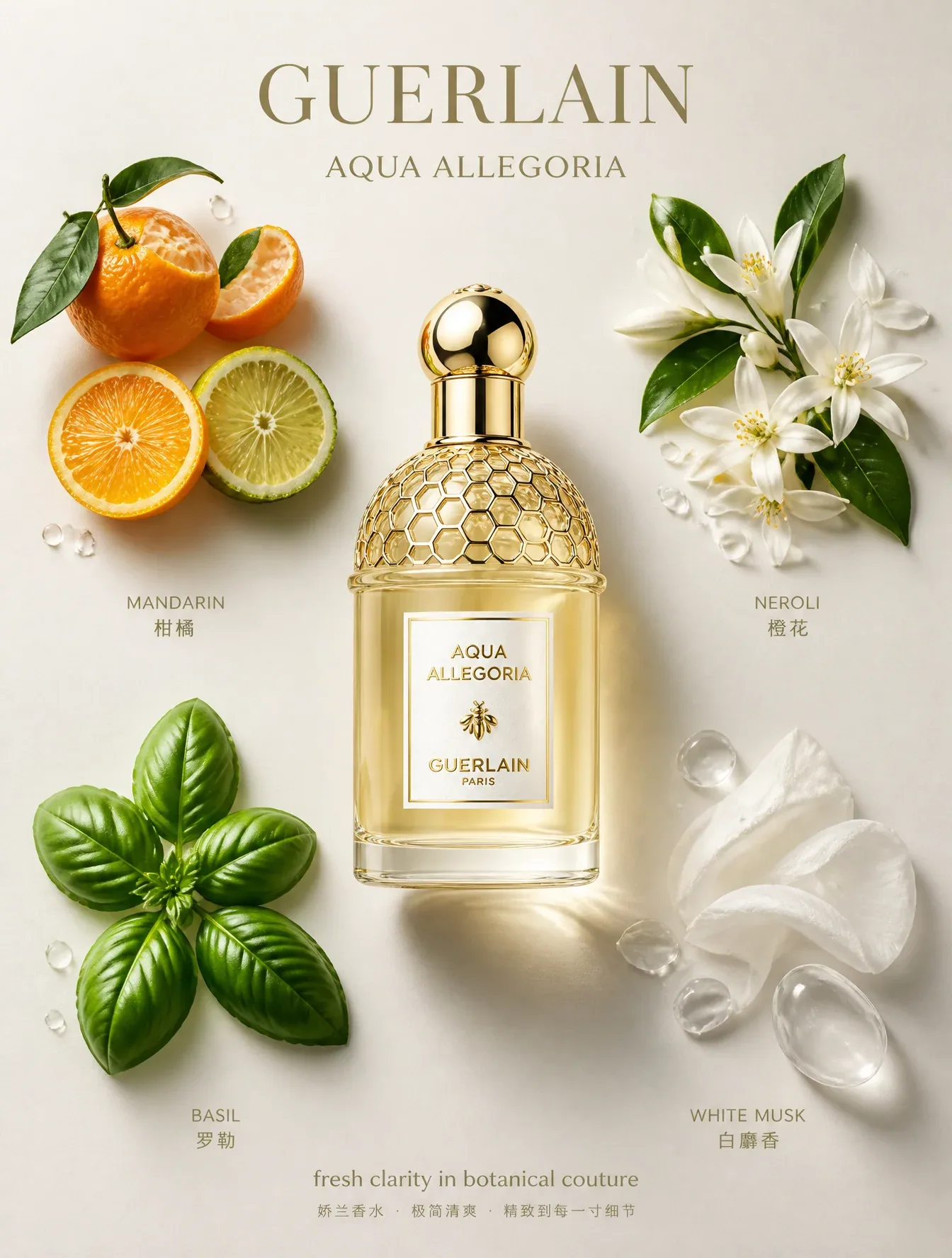 Create an ultra-premium advertising poster for Guerlain perfume, in the visual spirit of the Aqua Allegoria l… - AI prompt reference from CC Prompt Galaxy