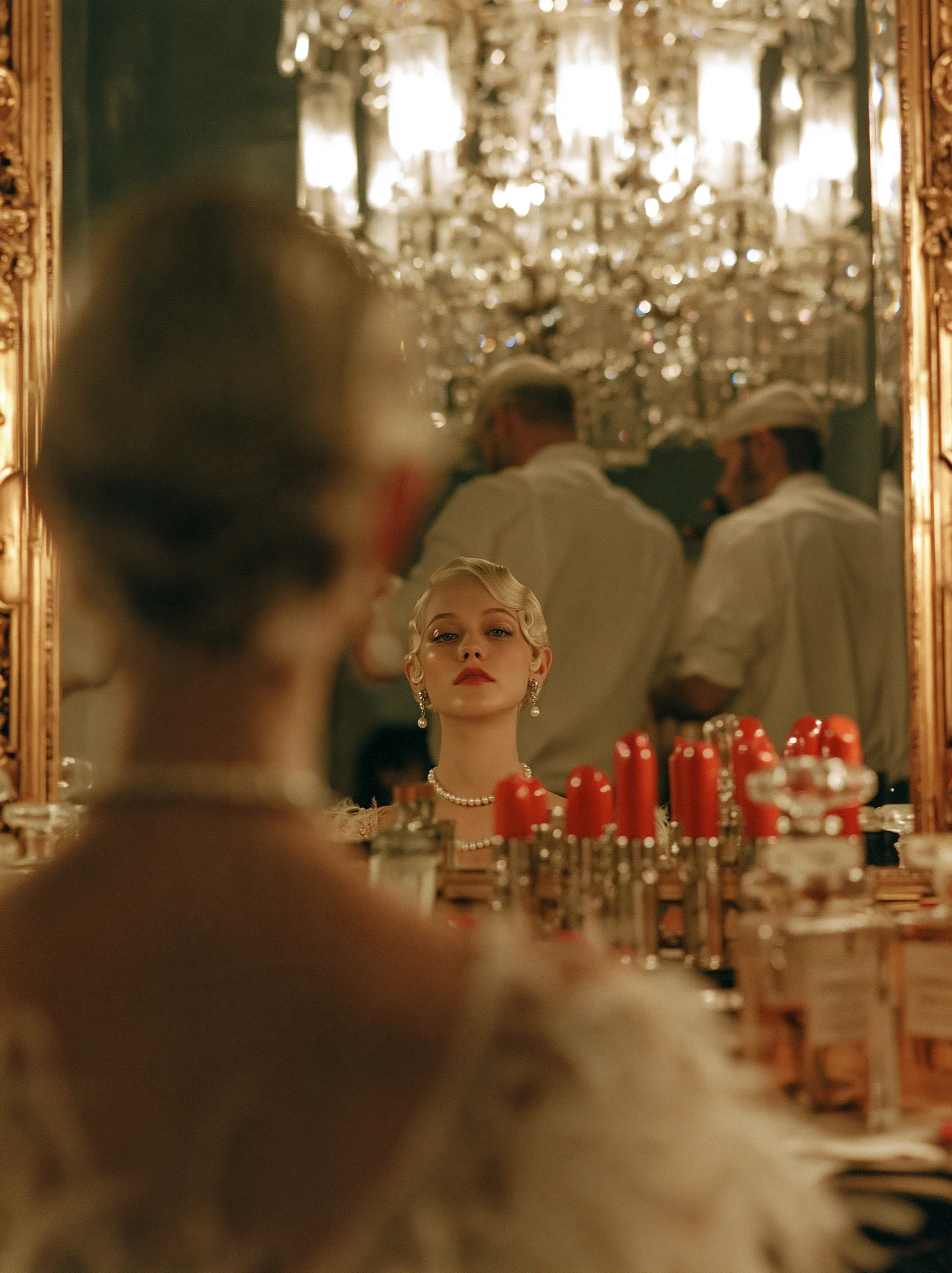 Cinematic backstage scene at a 1930s glamour theatre, ultra-realistic editorial photograph captured from behi… - AI提示词参考图，来自西西提示词