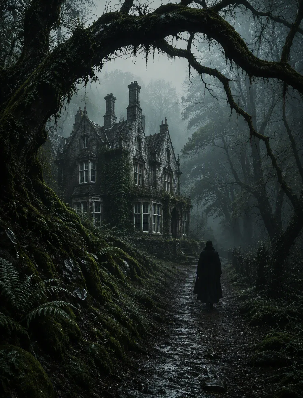 Sebuah lukisan pemandangan gotik yang atmosferik dan misterius dengan pencahayaan rendah, menangkap pemandang… - AI prompt reference from CC Prompt Galaxy