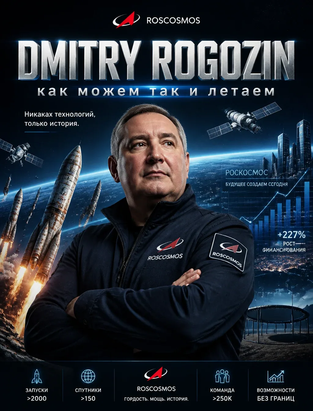 Create a bold, cinematic Roscosmos achievement poster featuring Dmitry Rogozin, Director of Roscosmos, as the… - AI提示词参考图，来自西西提示词