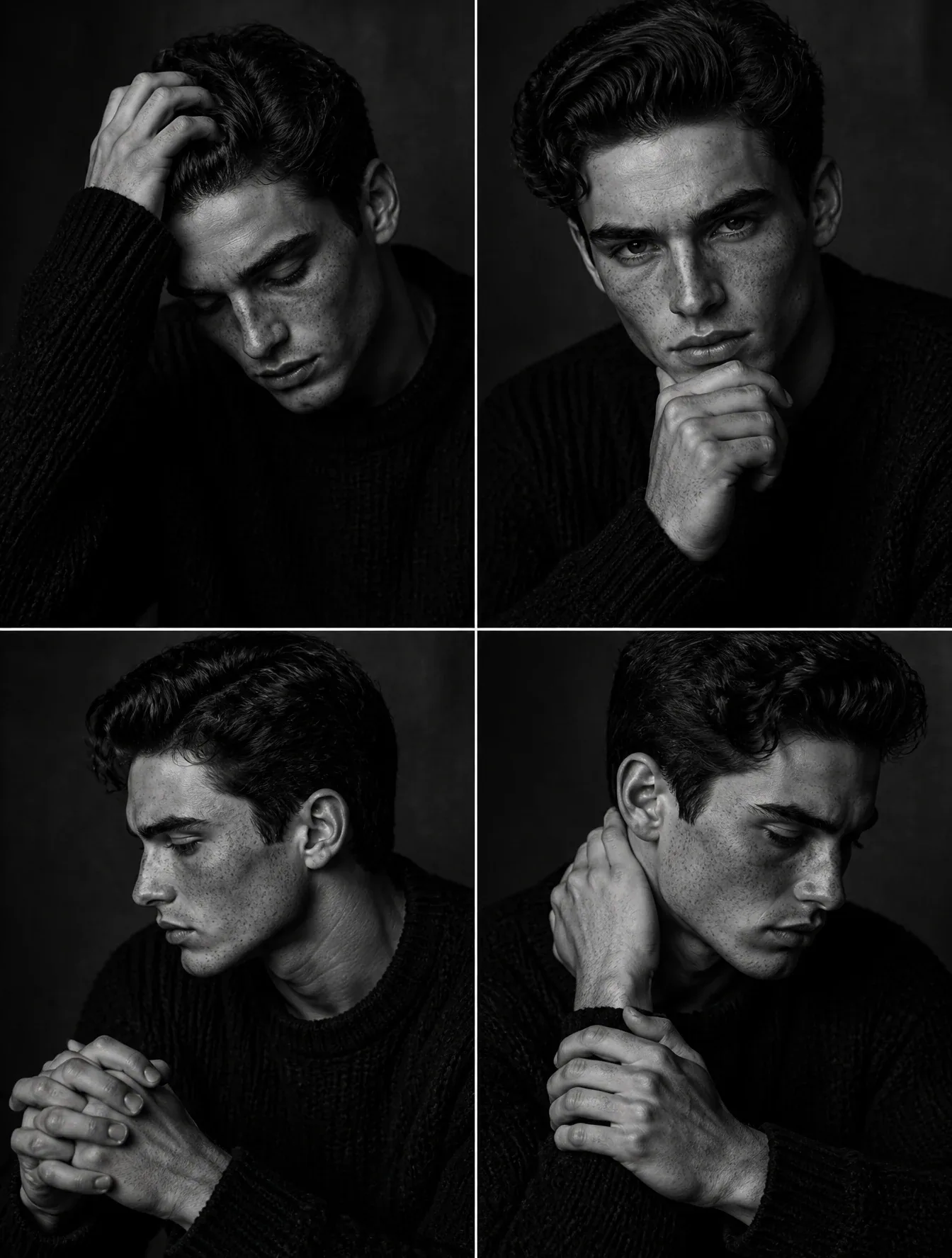 Prompt: A series of contemplative, black and white studio portraits captures the same young man in a variety … - AI提示词参考图，来自西西提示词