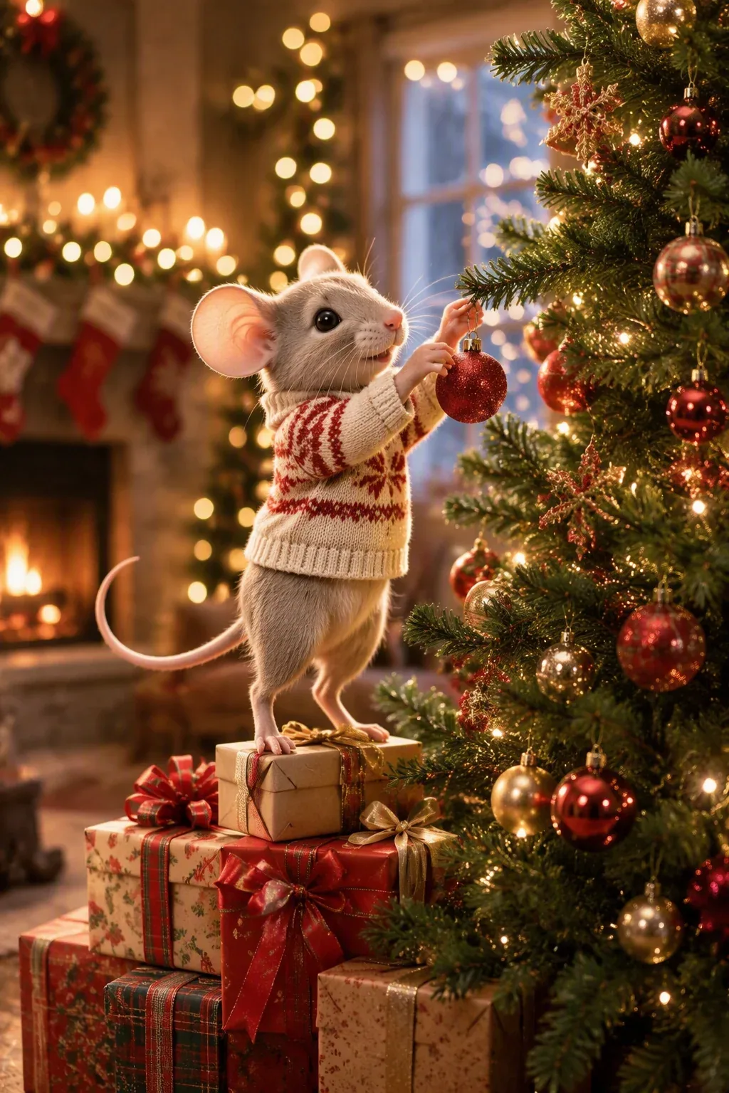 Photo. mouse, standing on boxes of gifts hangs a Christmas toy on the Christmas tree. The mouse is dressed in… - AI提示词参考图，来自西西提示词