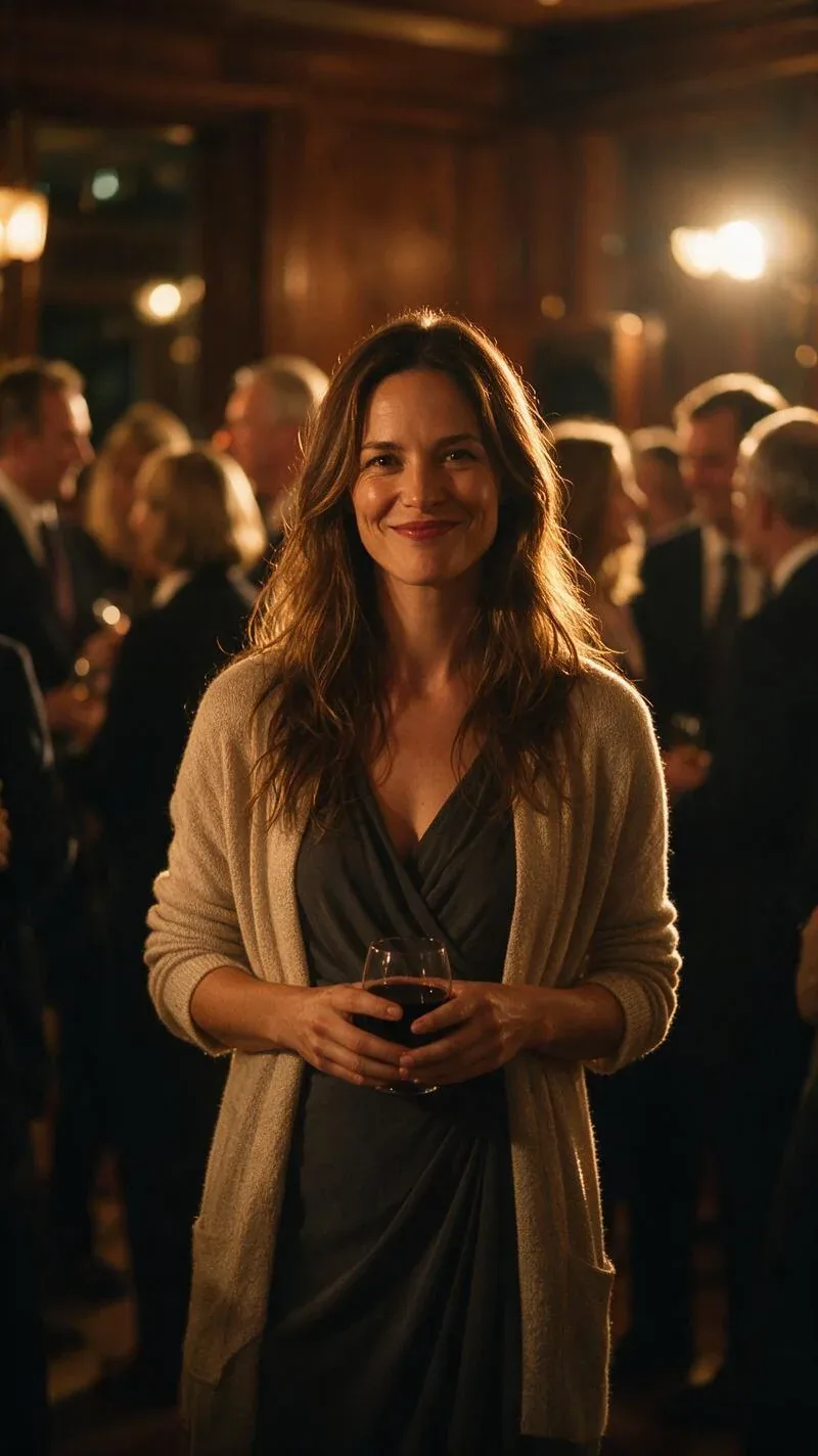 A poised woman stands at an intimate evening reception, facing the camera with a restrained, confident smile … - AI提示词参考图，来自西西提示词