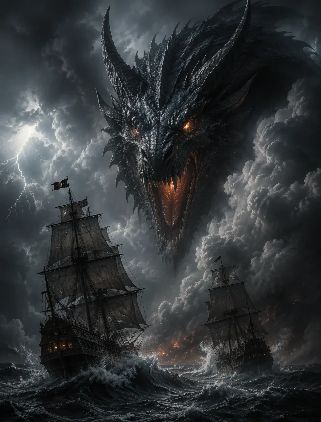 A picture of a massive, menacing dragon peering out from behind a large cloud, with its head looming over two… - AI prompt reference from CC Prompt Galaxy