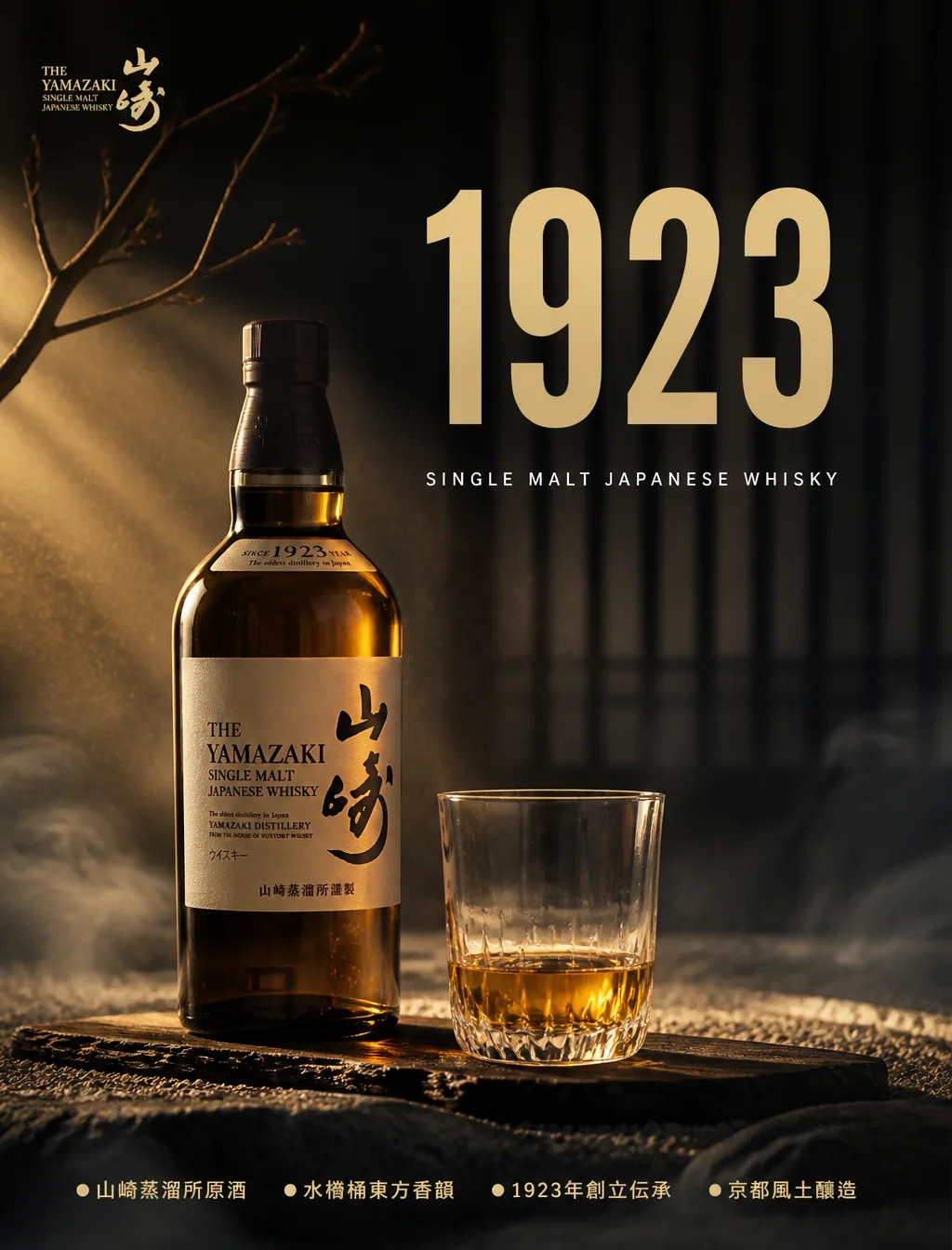 Yamazaki「山崎，是风土的禅」【格式】高端烈酒社交媒体广告，4:5 竖版，Instagram 主视觉，酒类商业广告，4A 级美术指导，Behance 首页品质，8K UHD，超写实，摄影 × 平面设计融合，零 A… - AI提示词参考图，来自西西提示词