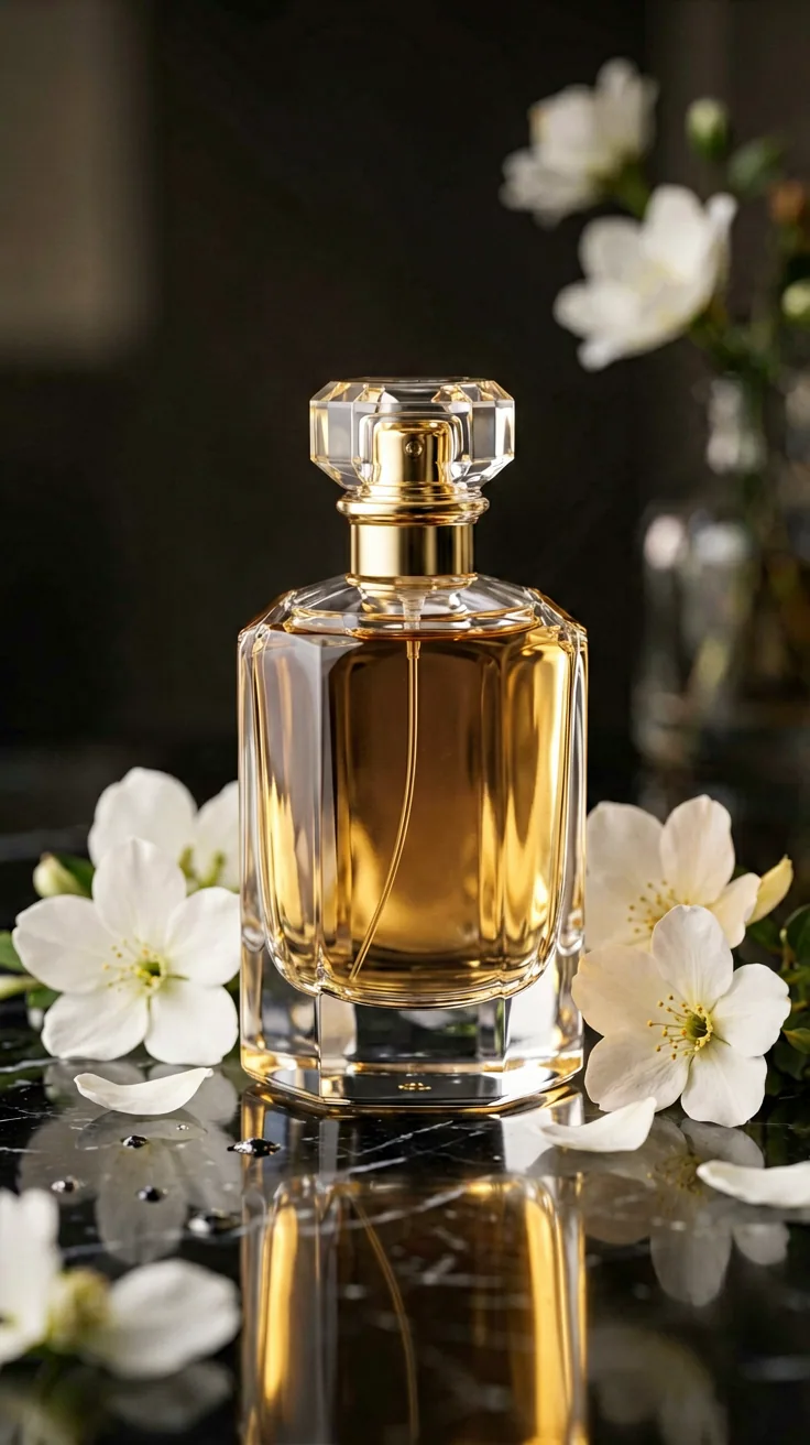 Luxury perfume bottle on a black marble surface with delicate white flowers, crystal reflections and golden l… - AI提示词参考图，来自西西提示词