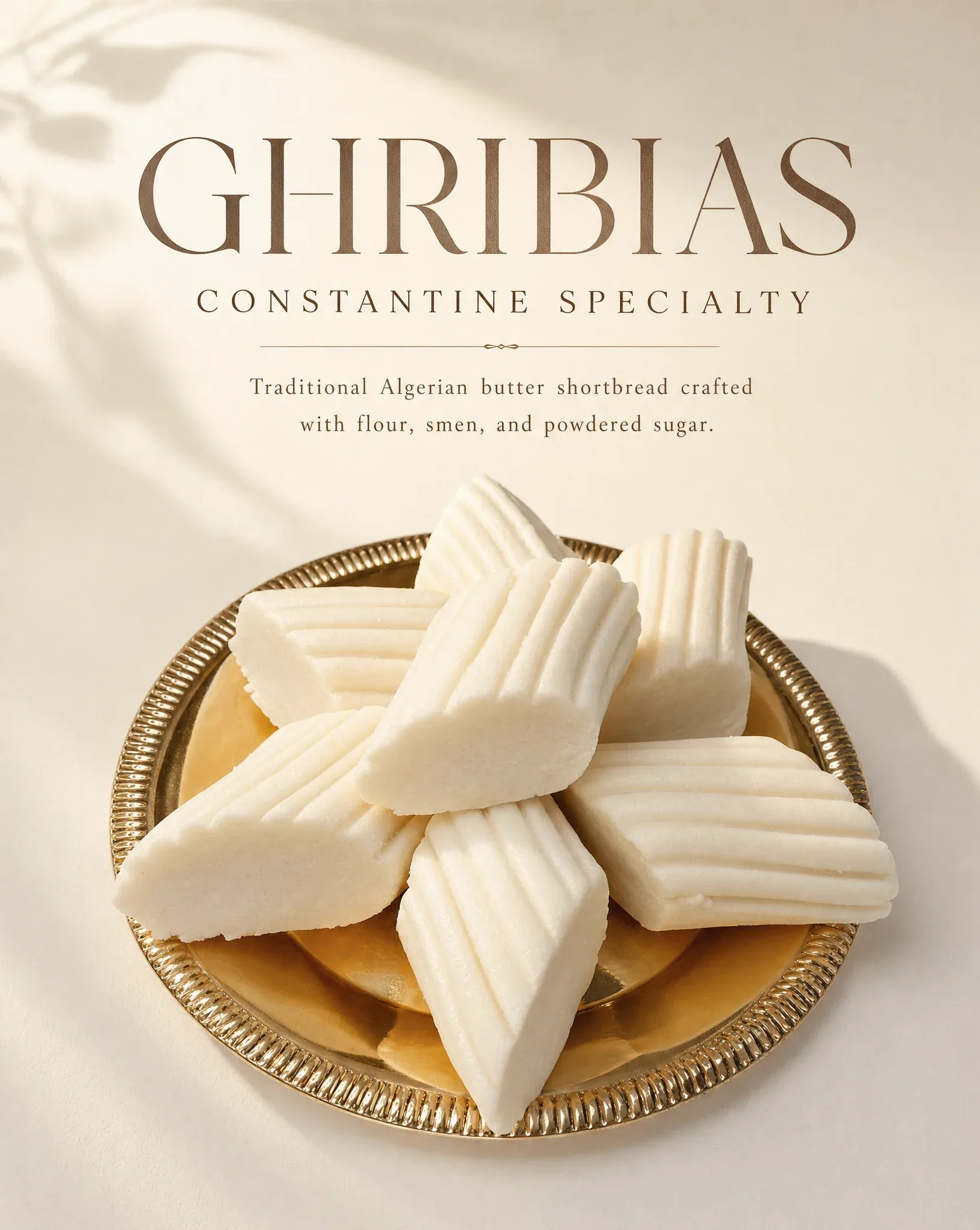 Create an ultra-premium editorial food advertising poster featuring authentic Constantine Ghribia from Algeri… - AI prompt reference from CC Prompt Galaxy
