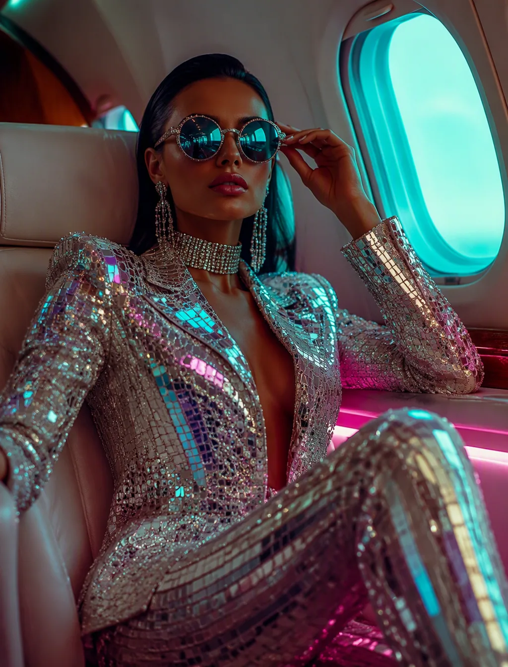 A glamorous woman lounges in a cream leather passenger cabin, lifting one hand to adjust oversized round sung… - AI提示词参考图，来自西西提示词