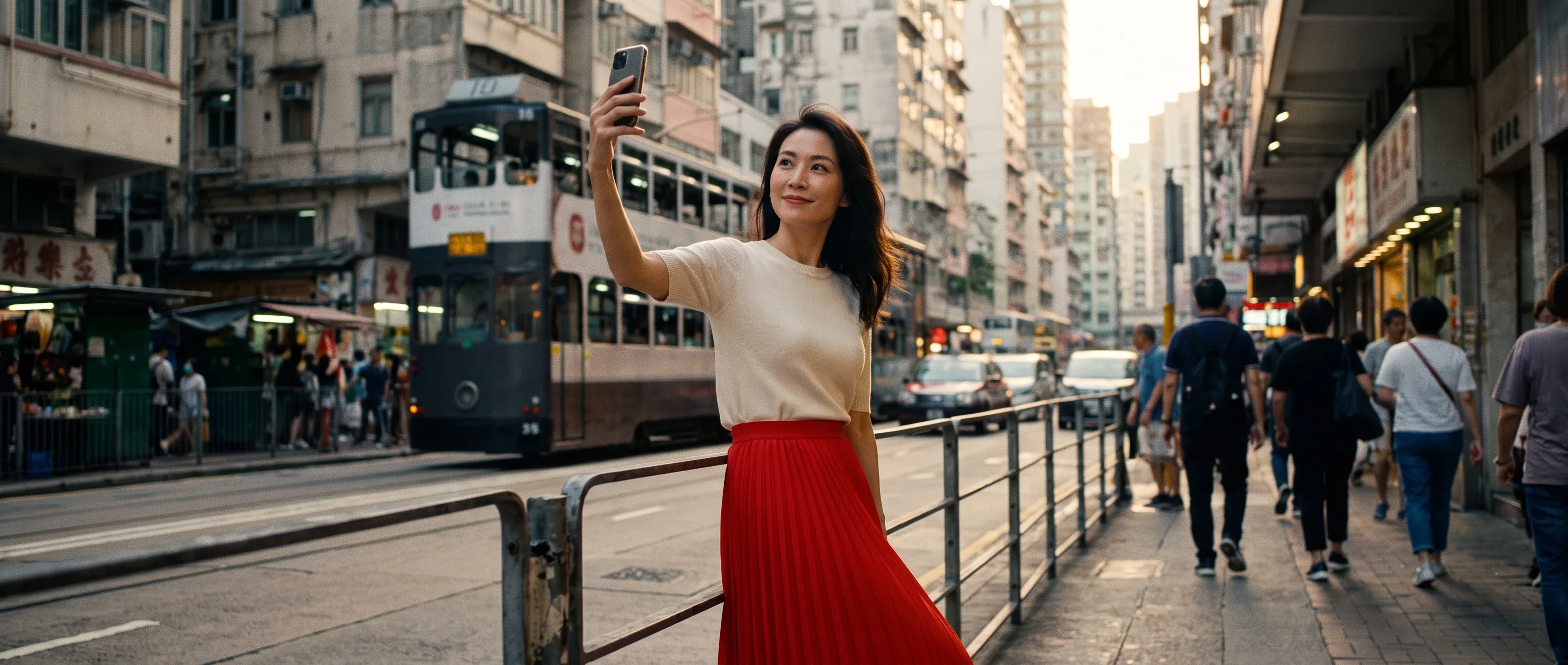 主体与动作 一位气质优雅的香港女性伫立在繁忙的街角，身穿乳白色针织短上衣与高腰亮红色百褶裙，这抹鲜明的红白配色在灰褐色建筑背景中形成极具张力的视觉焦点。她姿态从容地倚靠在街头栏杆上，举起手机自拍，神情流露出一抹随性与淡… - AI prompt reference from CC Prompt Galaxy