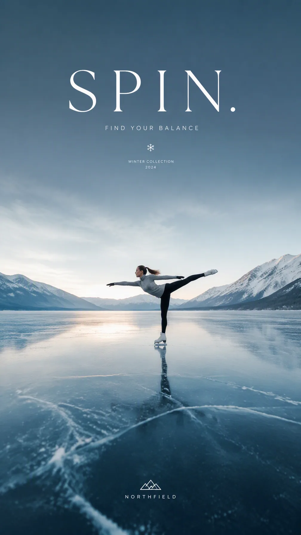 Create a premium 9:16 winter sports editorial. Main Subject: Young female ice skater mid-spin on an outdoor f… - AI prompt reference from CC Prompt Galaxy