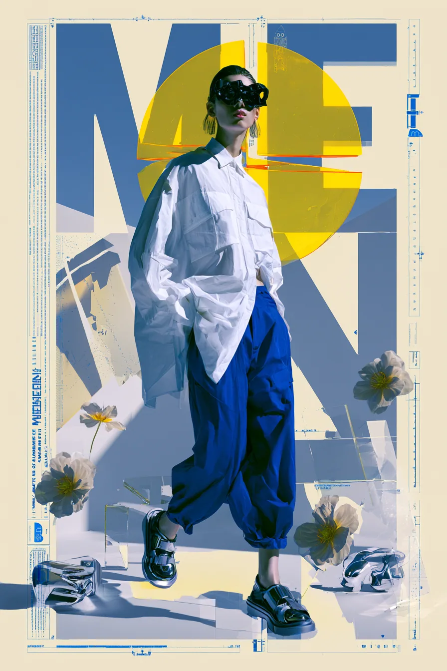 Create a highly experimental contemporary fashion poster for a fictional summer lifestyle brand called “MEIGE… - AI prompt reference from CC Prompt Galaxy