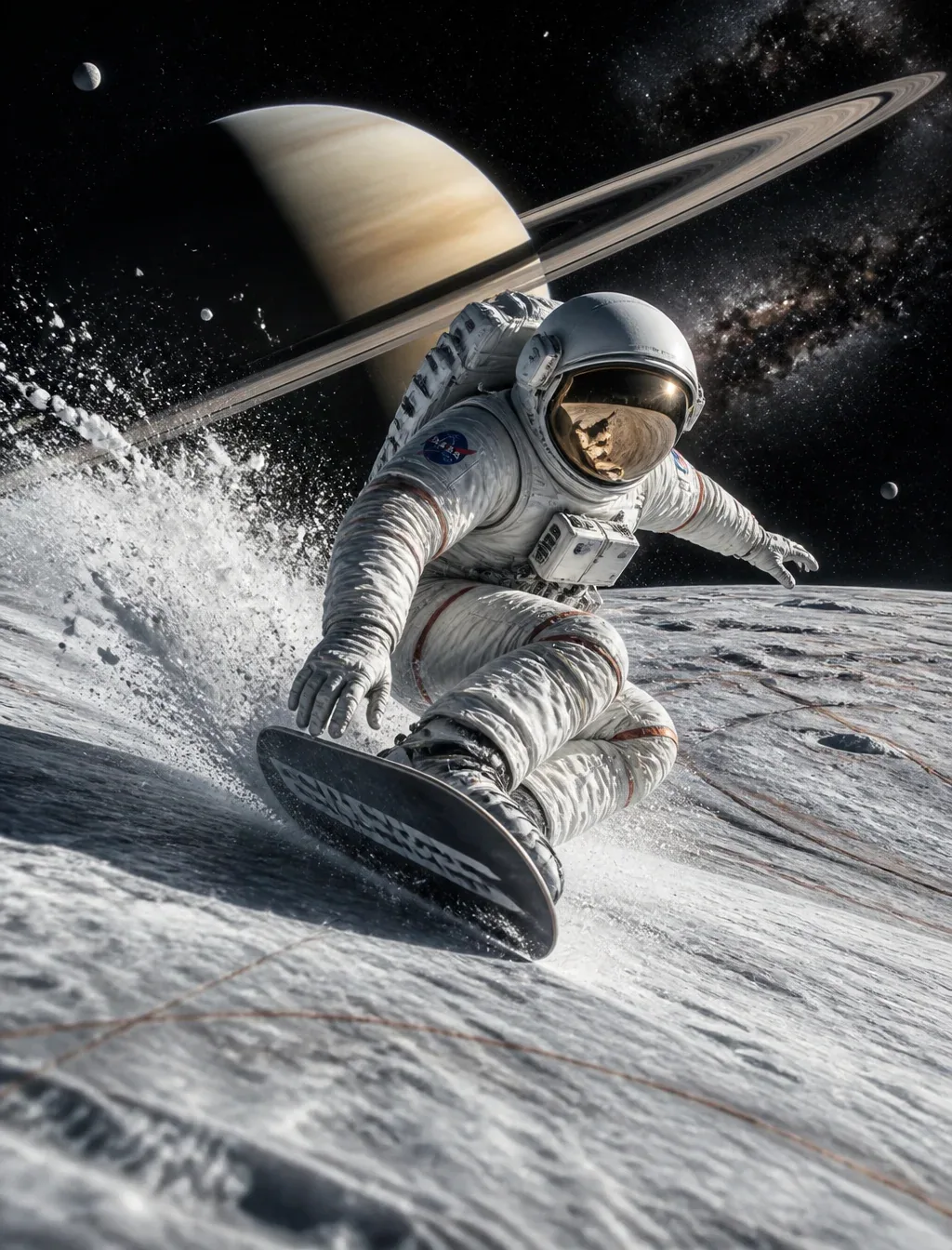 an astronaut snowboarding on the surface of europa, deep space, dynamic pose, tail blocking, saturn backgroun… - AI prompt reference from CC Prompt Galaxy